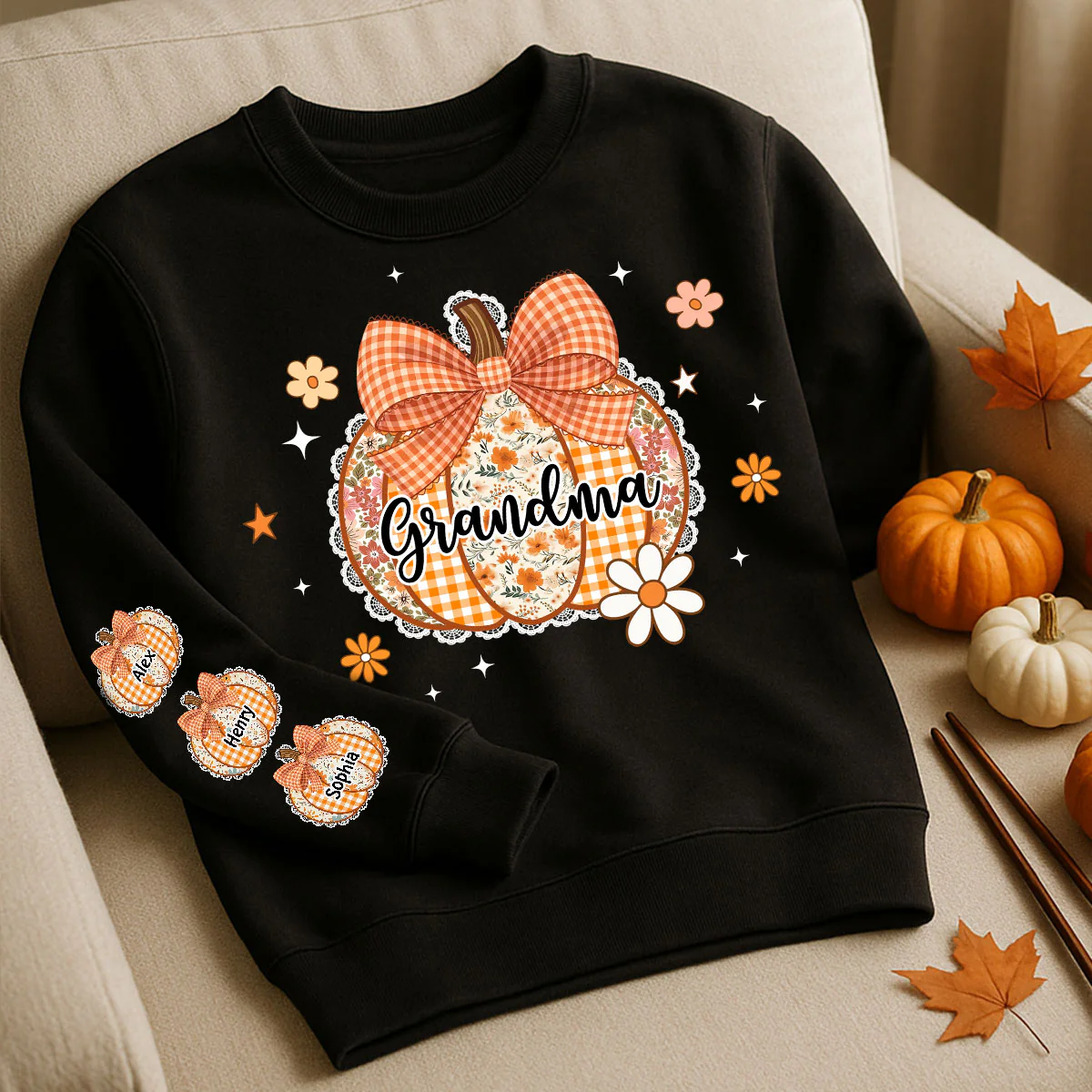 Fall Season Lace Pattern Grandma Pumpkins Personalized Sleeve Printed Sweatshirt - Image 7