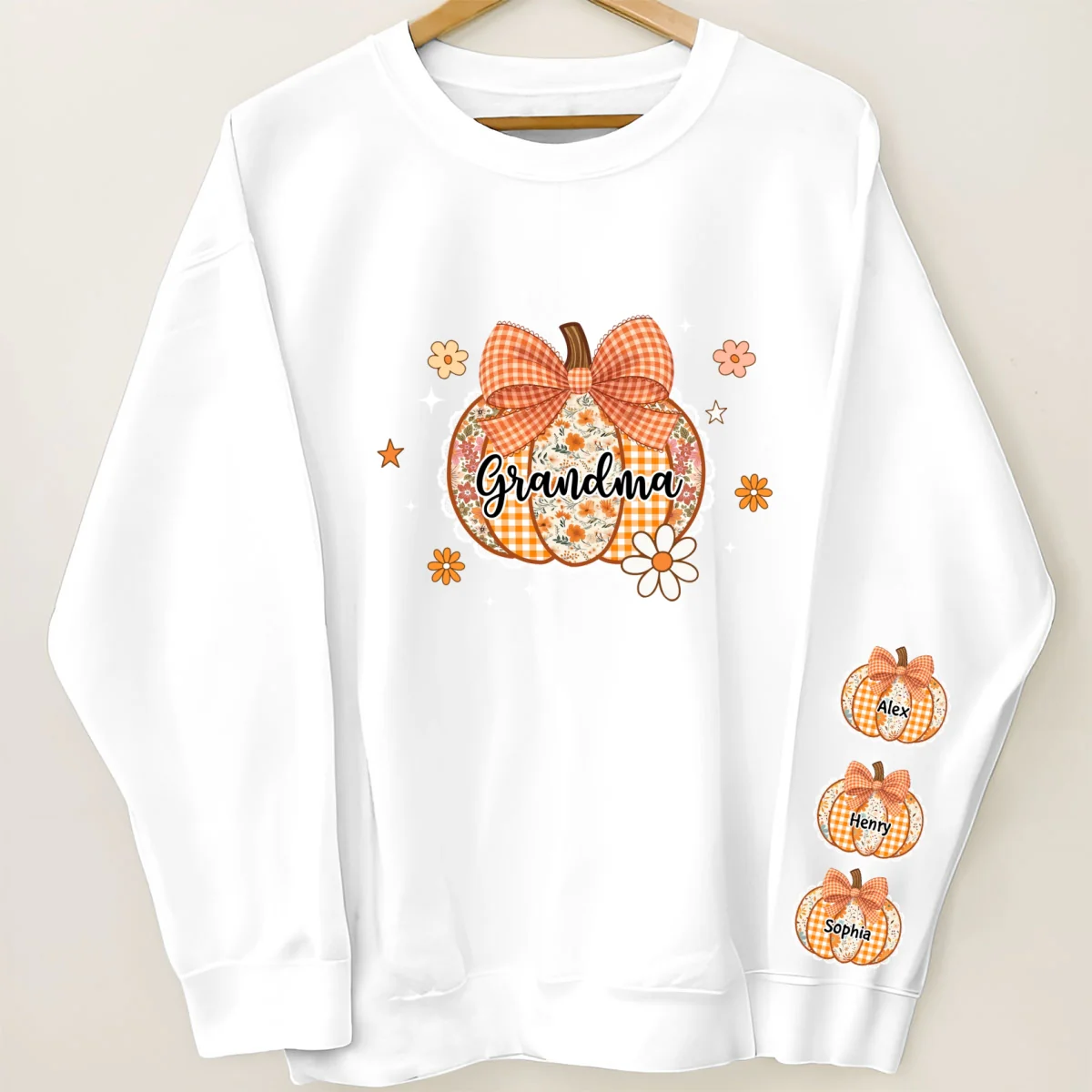 Fall Season Lace Pattern Grandma Pumpkins Personalized Sleeve Printed Sweatshirt - Image 8