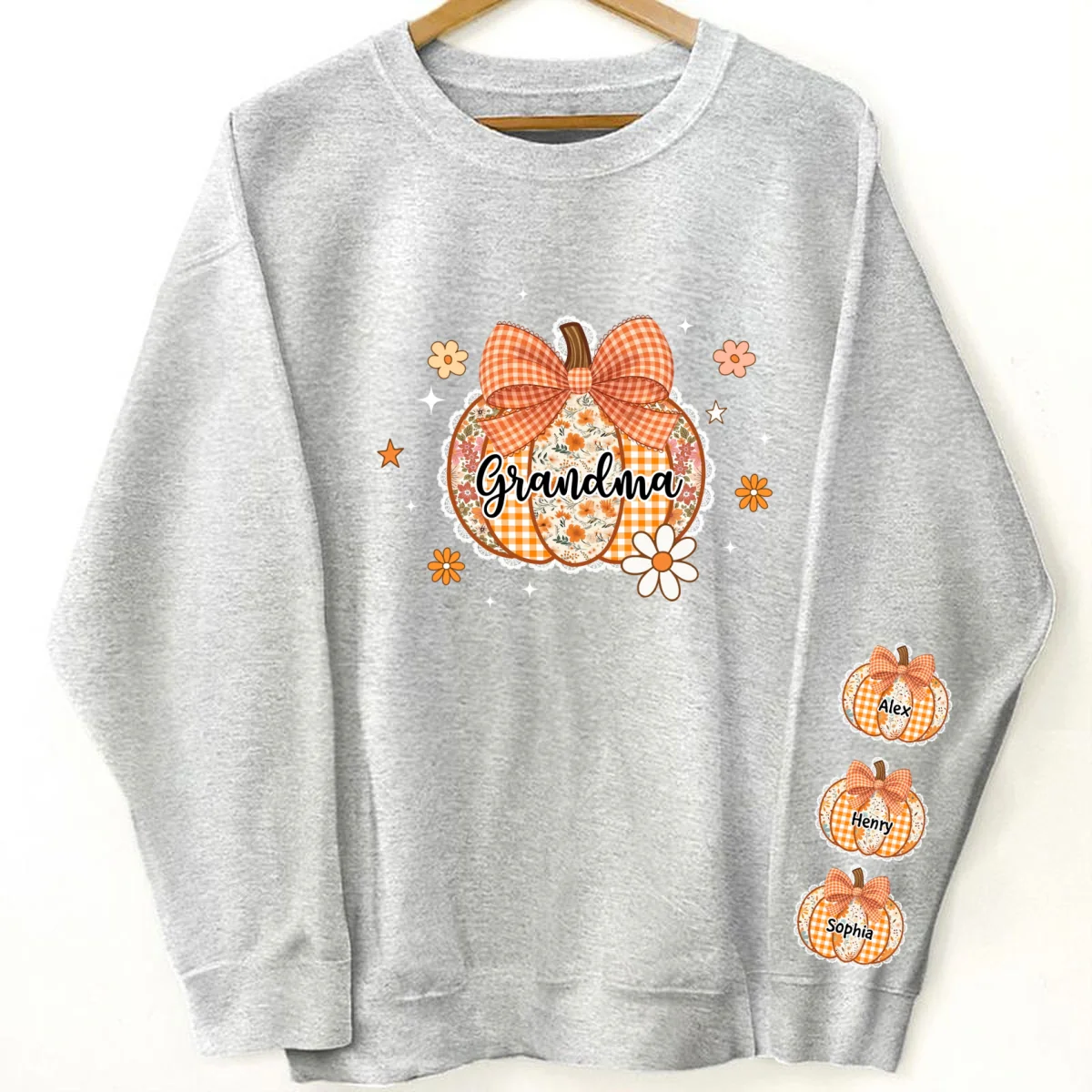 Fall Season Lace Pattern Grandma Pumpkins Personalized Sleeve Printed Sweatshirt - Image 9