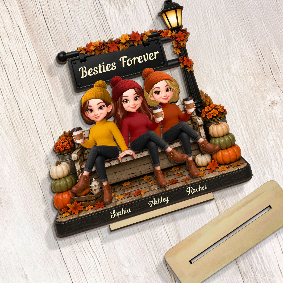 Fall Season Lamp Post Besties Forever - Personalized 2-Layered Wooden Plaque - Fall Gift For Besties - Image 4