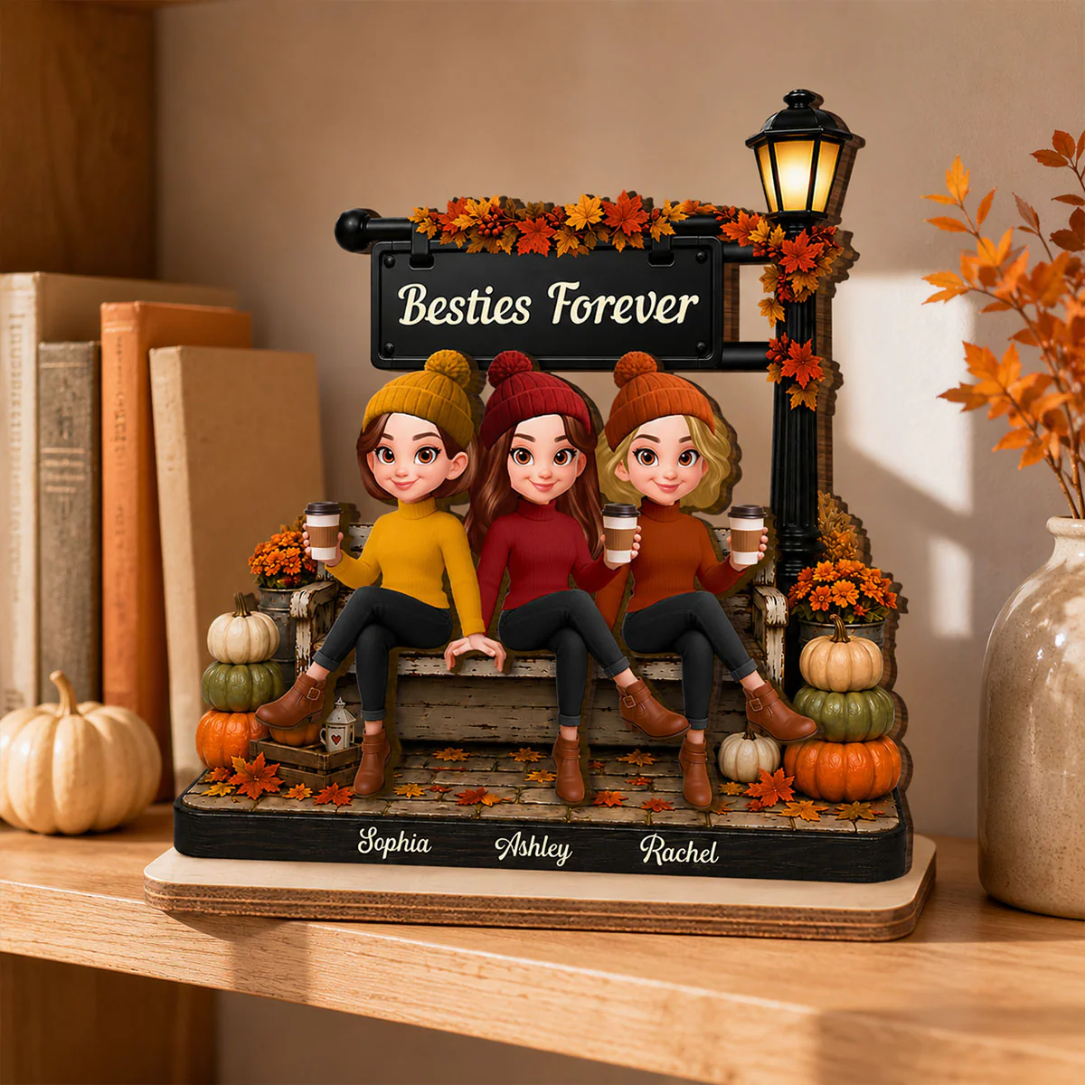 Fall Season Lamp Post Besties Forever - Personalized 2-Layered Wooden Plaque - Fall Gift For Besties - Image 5
