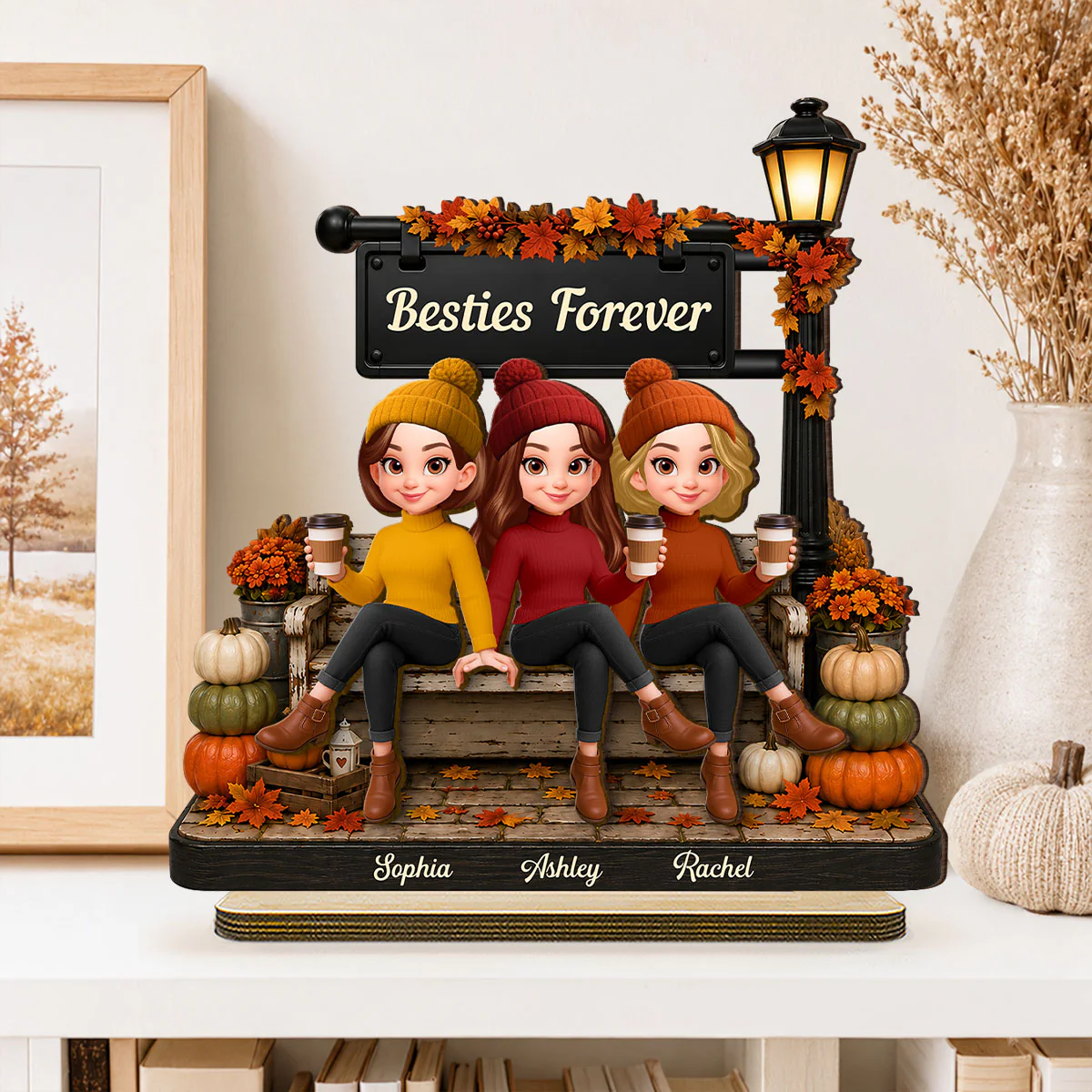 Fall Season Lamp Post Besties Forever - Personalized 2-Layered Wooden Plaque - Fall Gift For Besties - Image 6