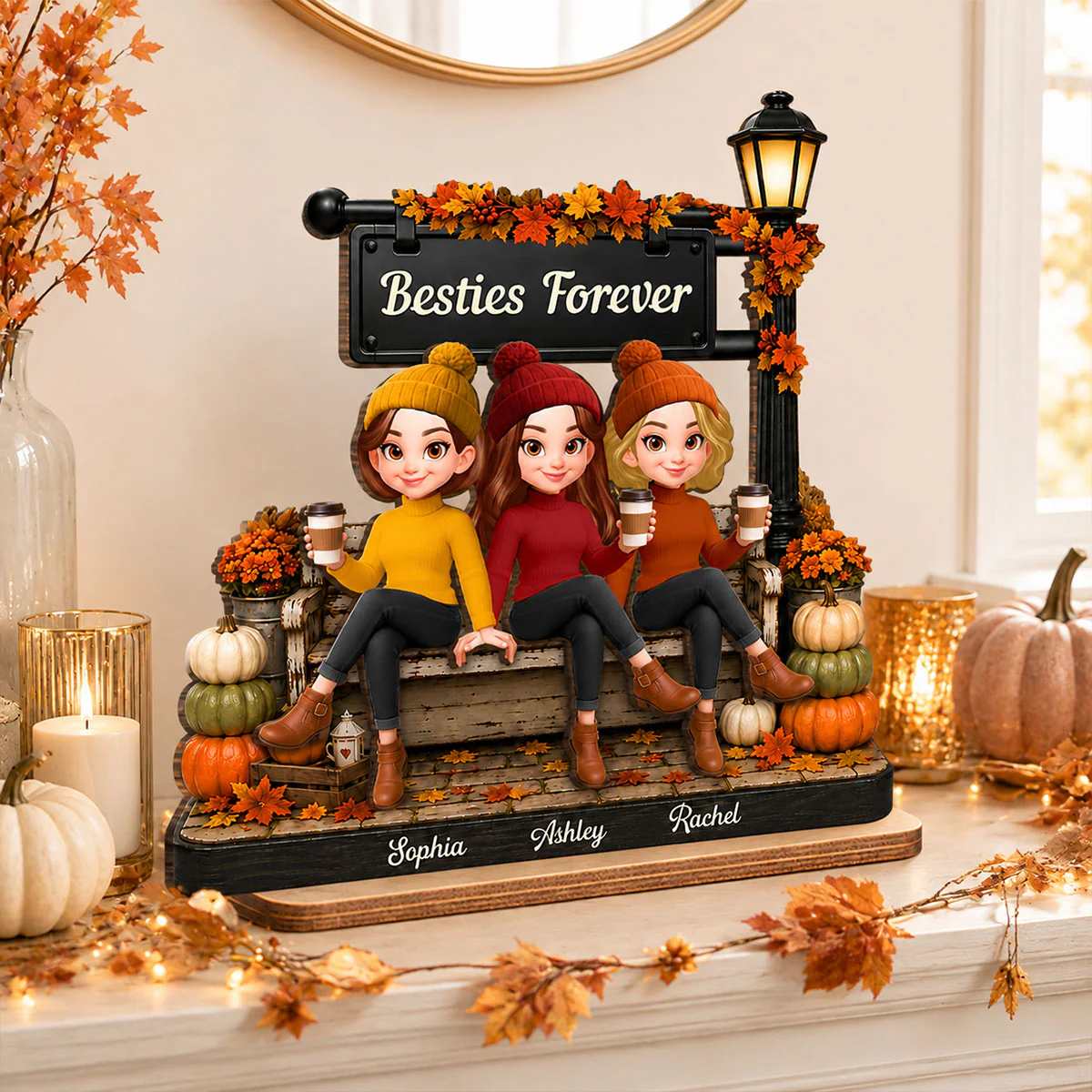 Fall Season Lamp Post Besties Forever - Personalized 2-Layered Wooden Plaque - Fall Gift For Besties - Image 7