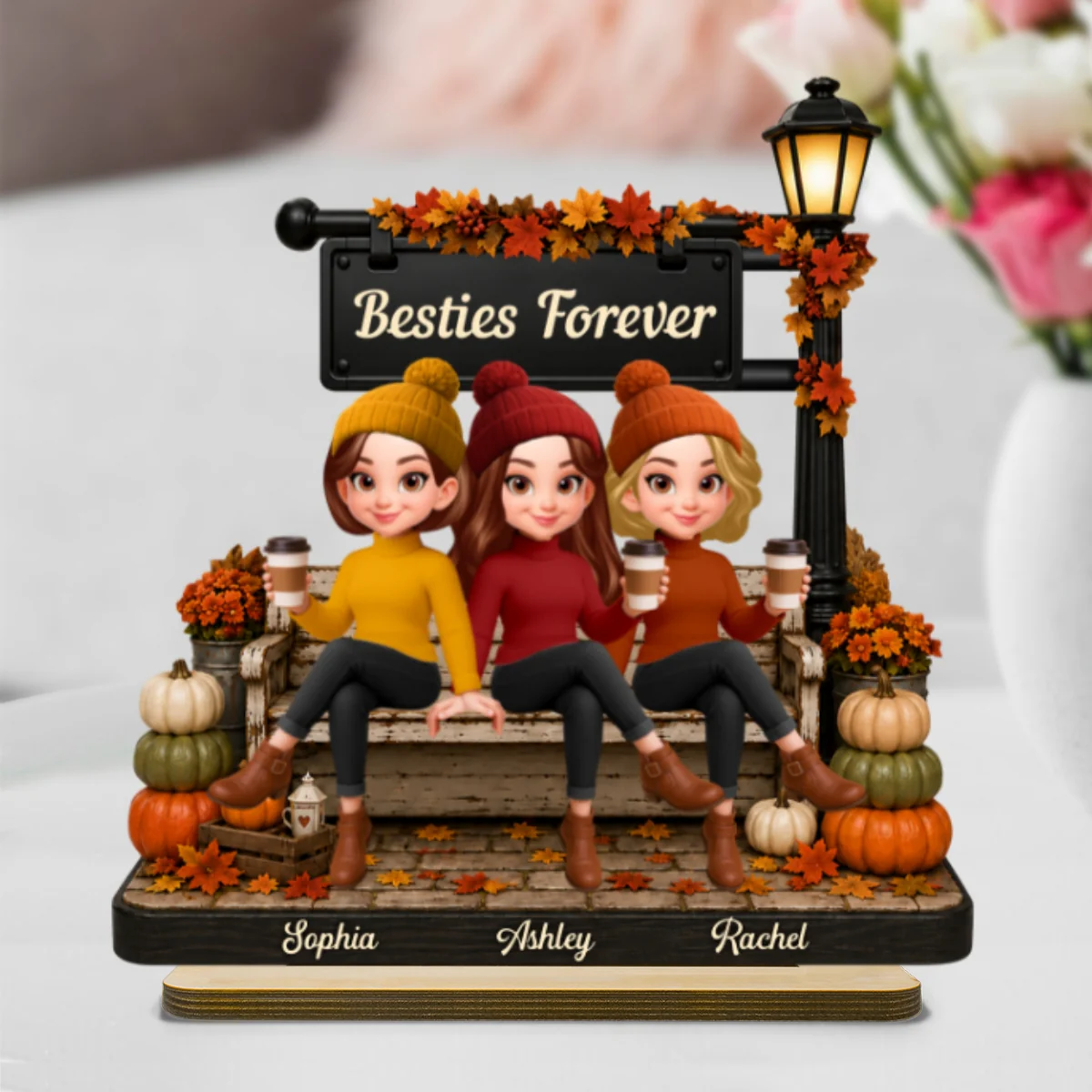 Fall Season Lamp Post Besties Forever - Personalized 2-Layered Wooden Plaque - Fall Gift For Besties - Image 8