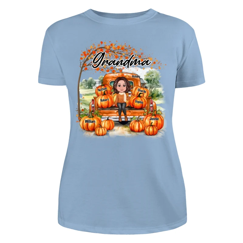 Fall Season Landscape Truck Pumpkins Under Tree Grandma Mom Personalized Shirt - Image 12