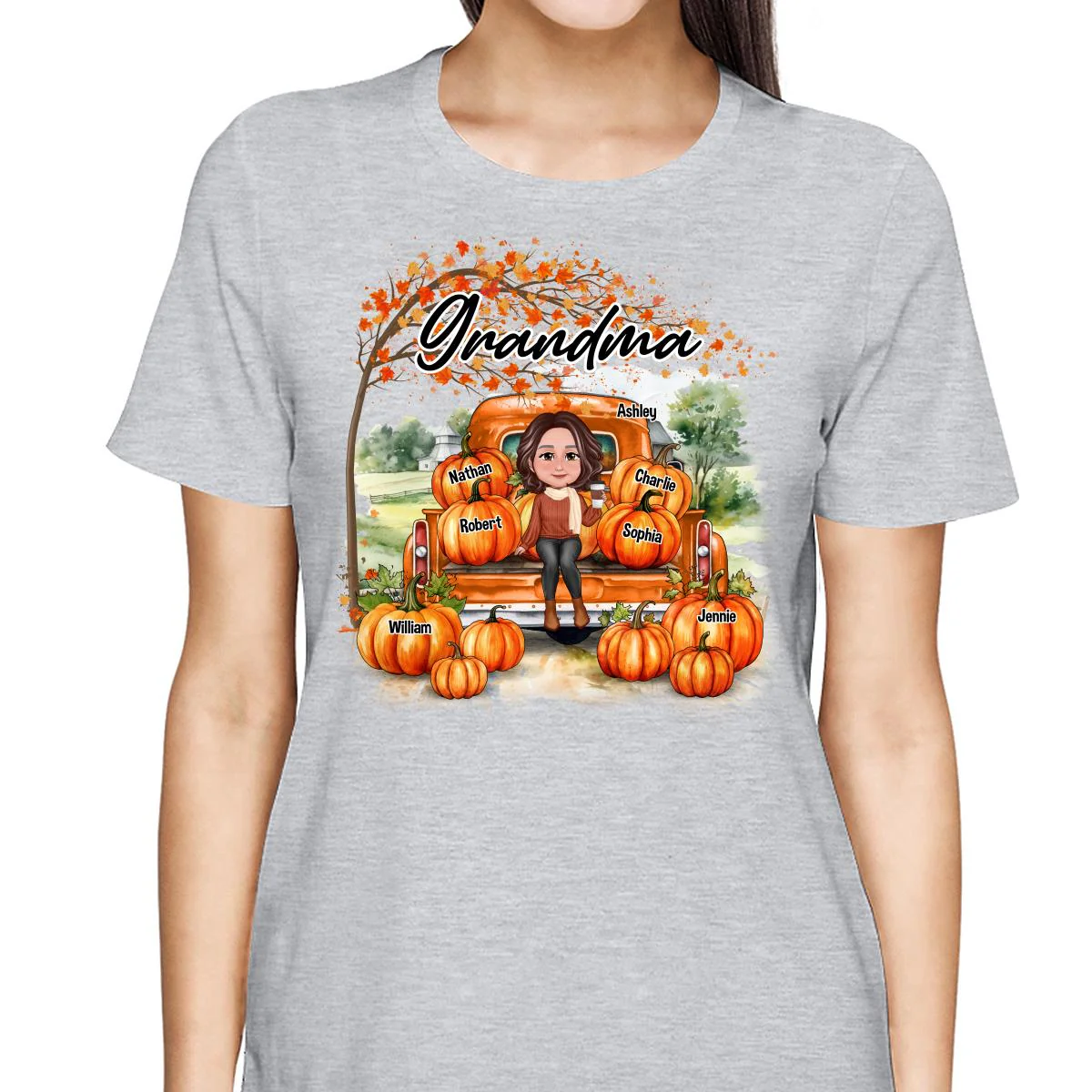 Fall Season Landscape Truck Pumpkins Under Tree Grandma Mom Personalized Shirt - Image 2
