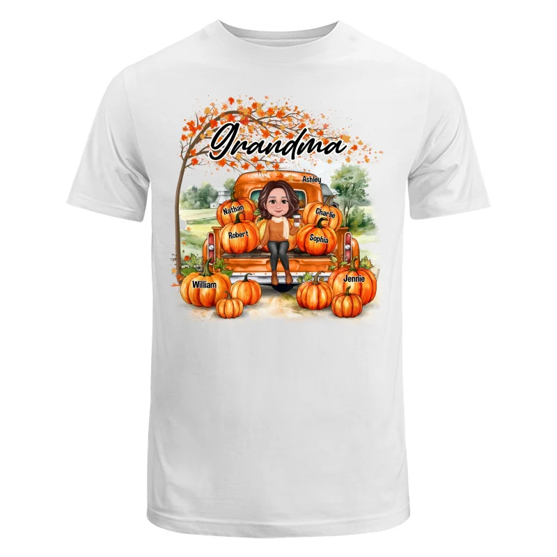 Fall Season Landscape Truck Pumpkins Under Tree Grandma Mom Personalized Shirt - Image 5