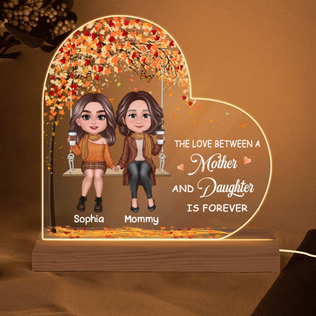Fall Season Mother Daughters Sitting On Swing Personalized Custom Shape Acrylic LED Night Light - Image 5