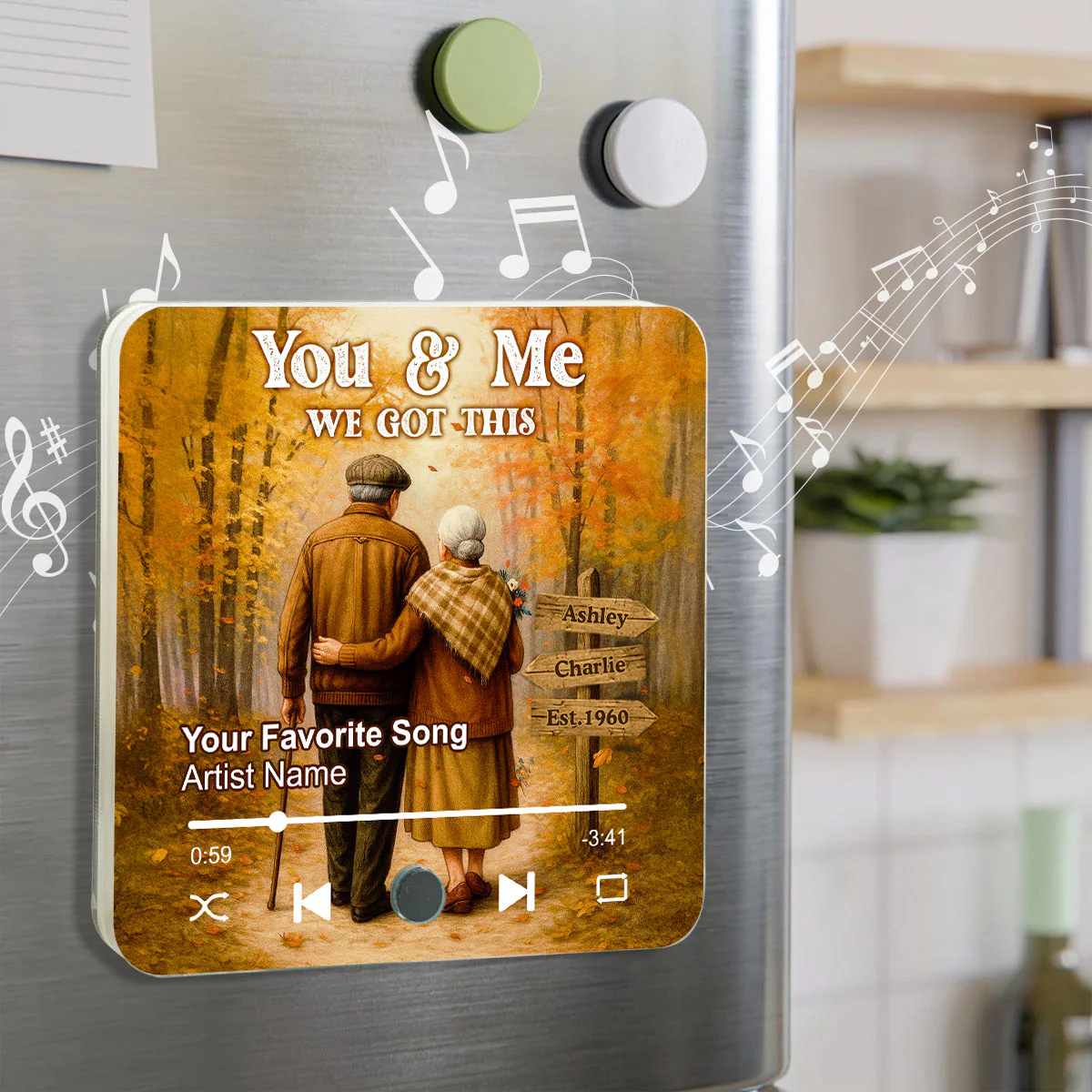 Fall Season Old Couple Personalized Music Fridge Magnet, Heartfelt Gift For Couple - Image 4