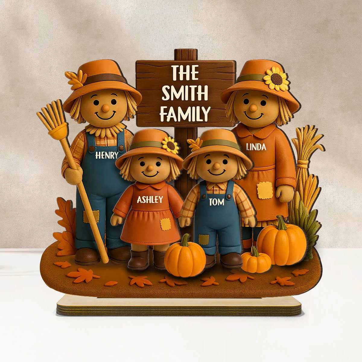 Fall Season Scarecrow Grandparents, Grandkids 3D Effect Personalized 2-Layer Wooden Plaque - Image 2