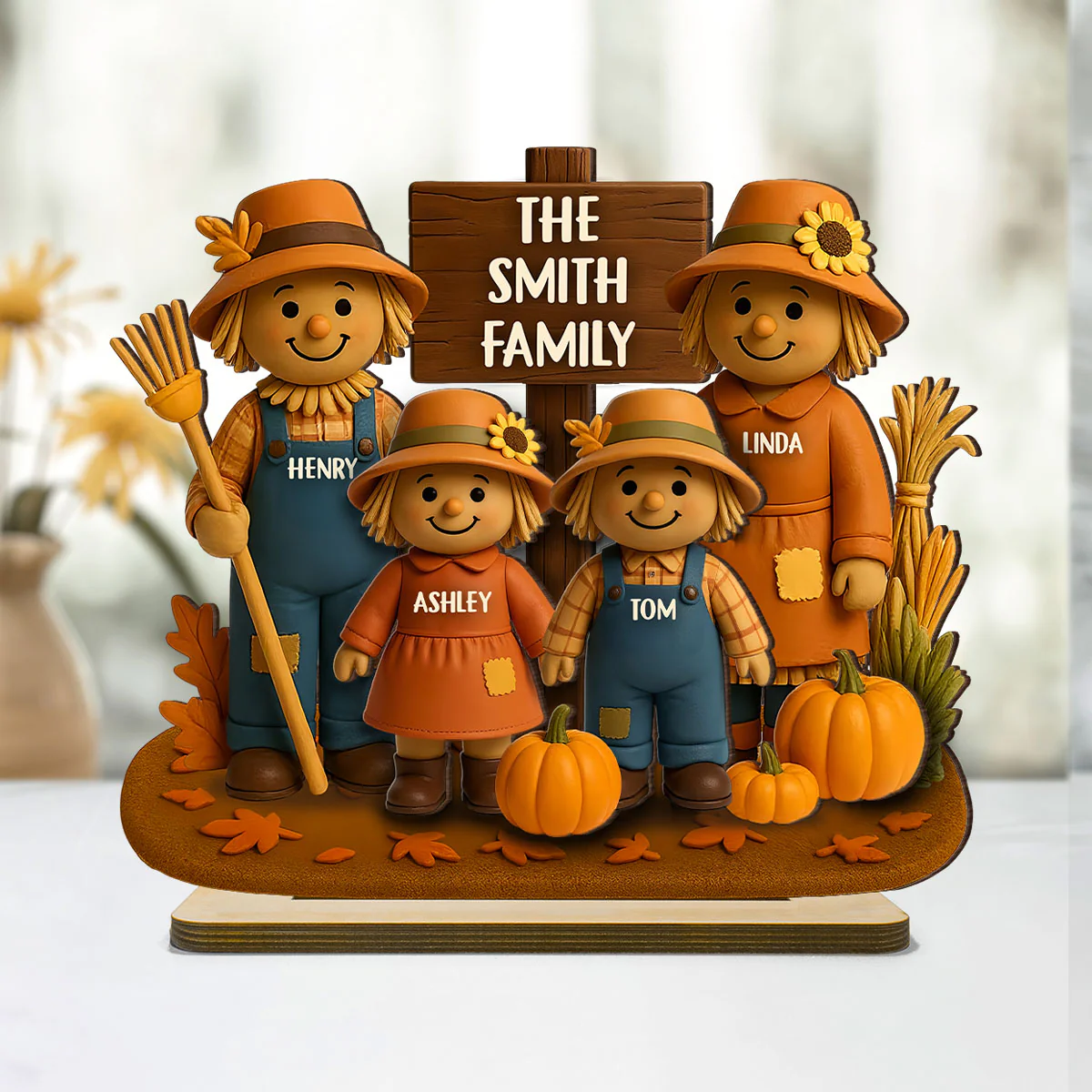 Fall Season Scarecrow Grandparents, Grandkids 3D Effect Personalized 2-Layer Wooden Plaque - Image 3