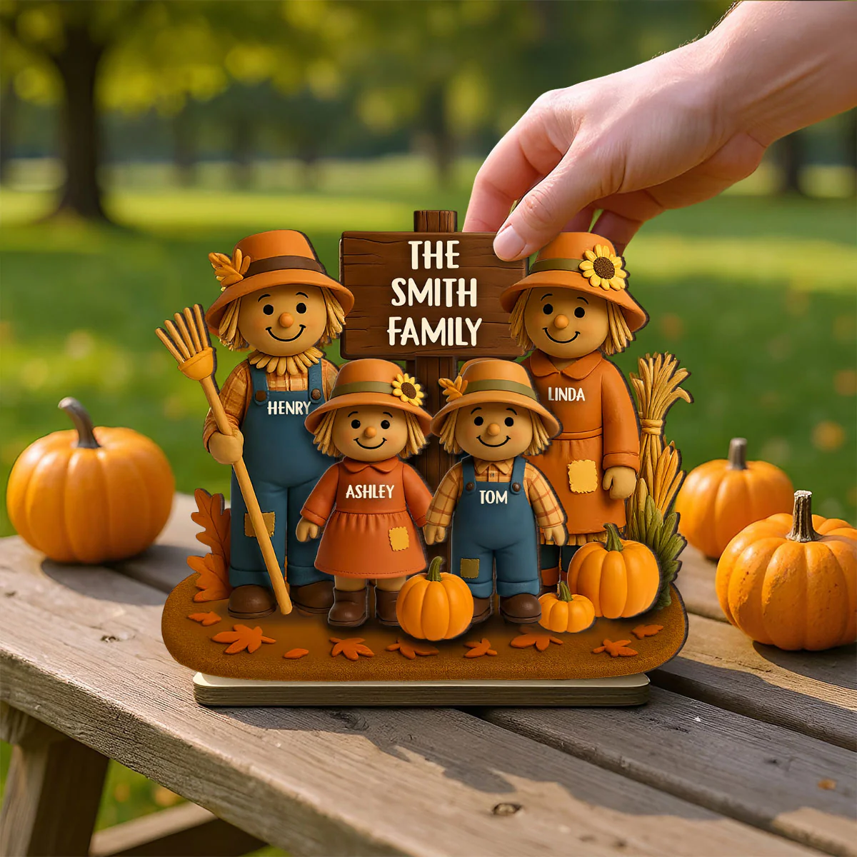 Fall Season Scarecrow Family 3D Effect Personalized 2-Layer Wooden Plaque - Image 4
