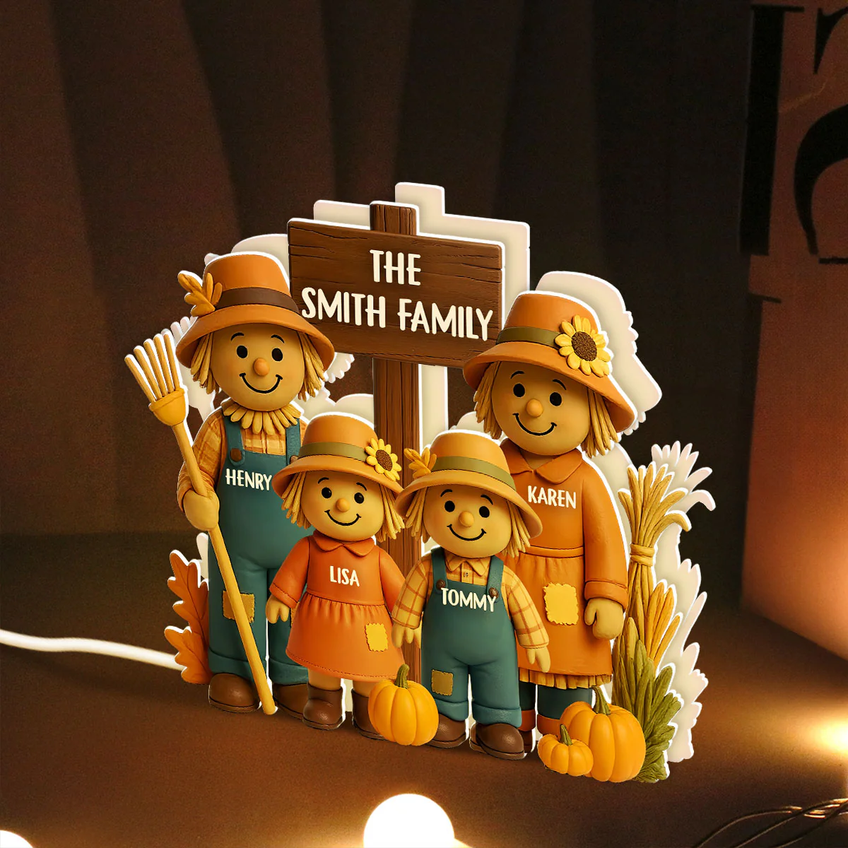 Fall Season Scarecrow Family 3D Effect Personalized Light Box - Image 2