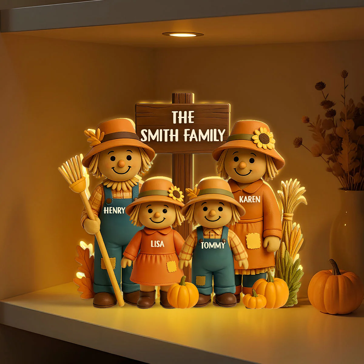 Fall Season Scarecrow Family 3D Effect Personalized Light Box - Image 4