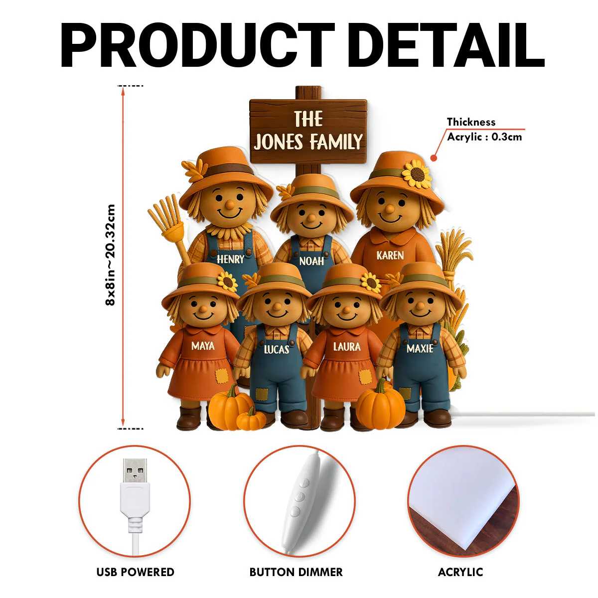 Fall Season Scarecrow Family 3D Effect Personalized Light Box - Image 7