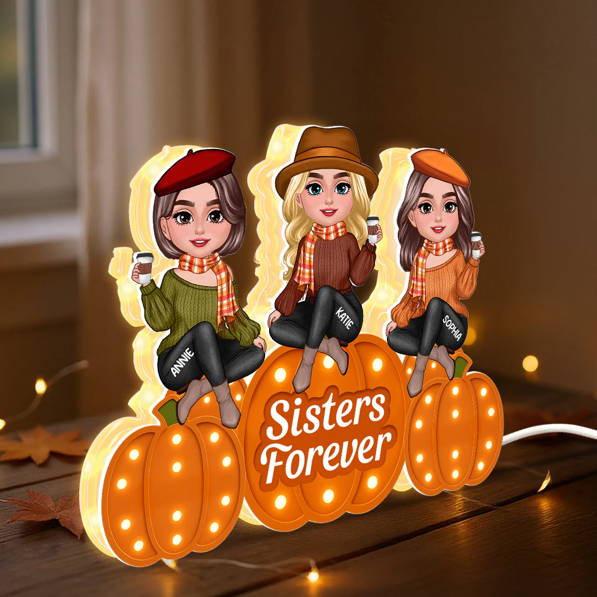Fall Season Sisters On Marquee Pattern Texture Pumpkins Personalized LED Light Box - Image 2