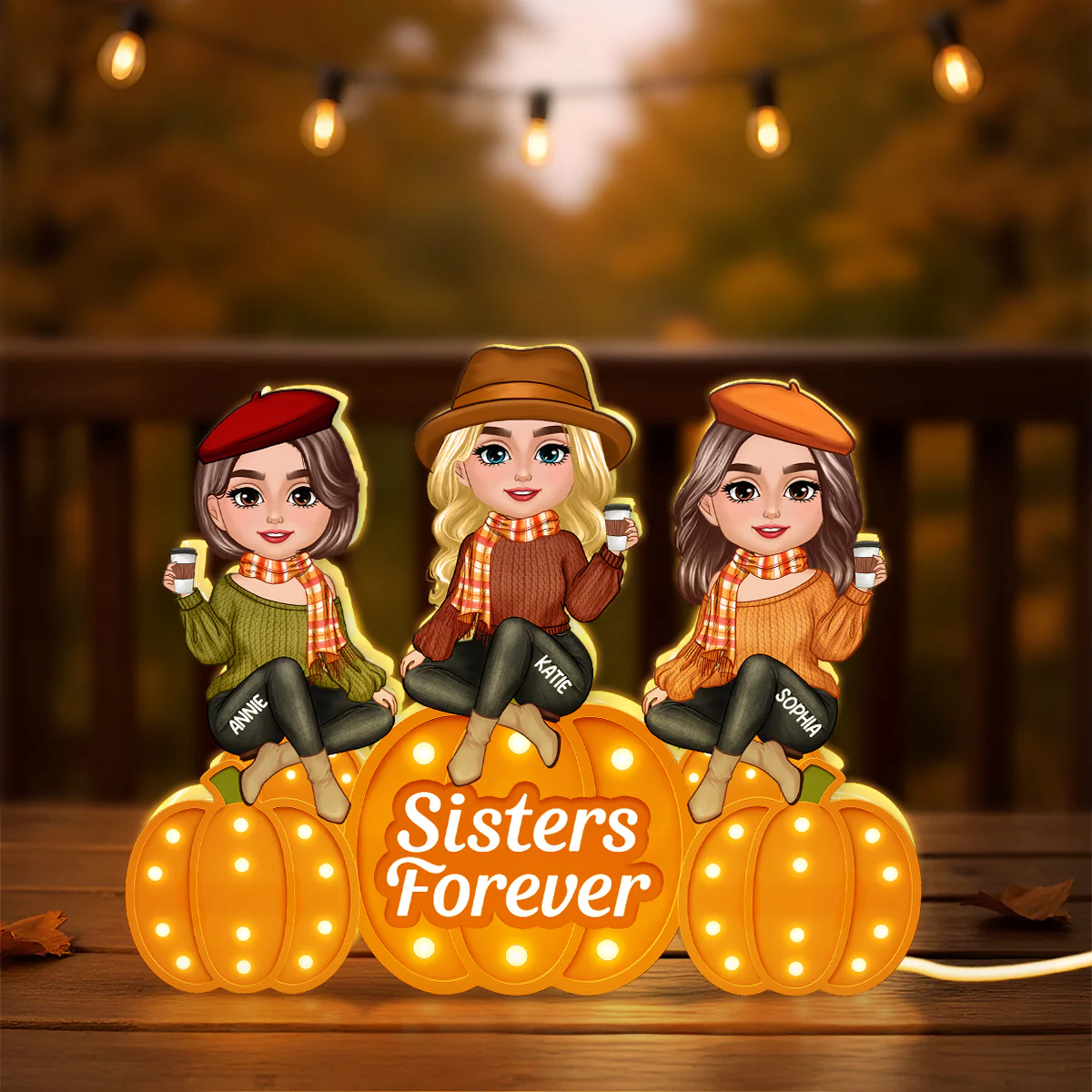 Fall Season Sisters On Marquee Pattern Texture Pumpkins Personalized LED Light Box - Image 3