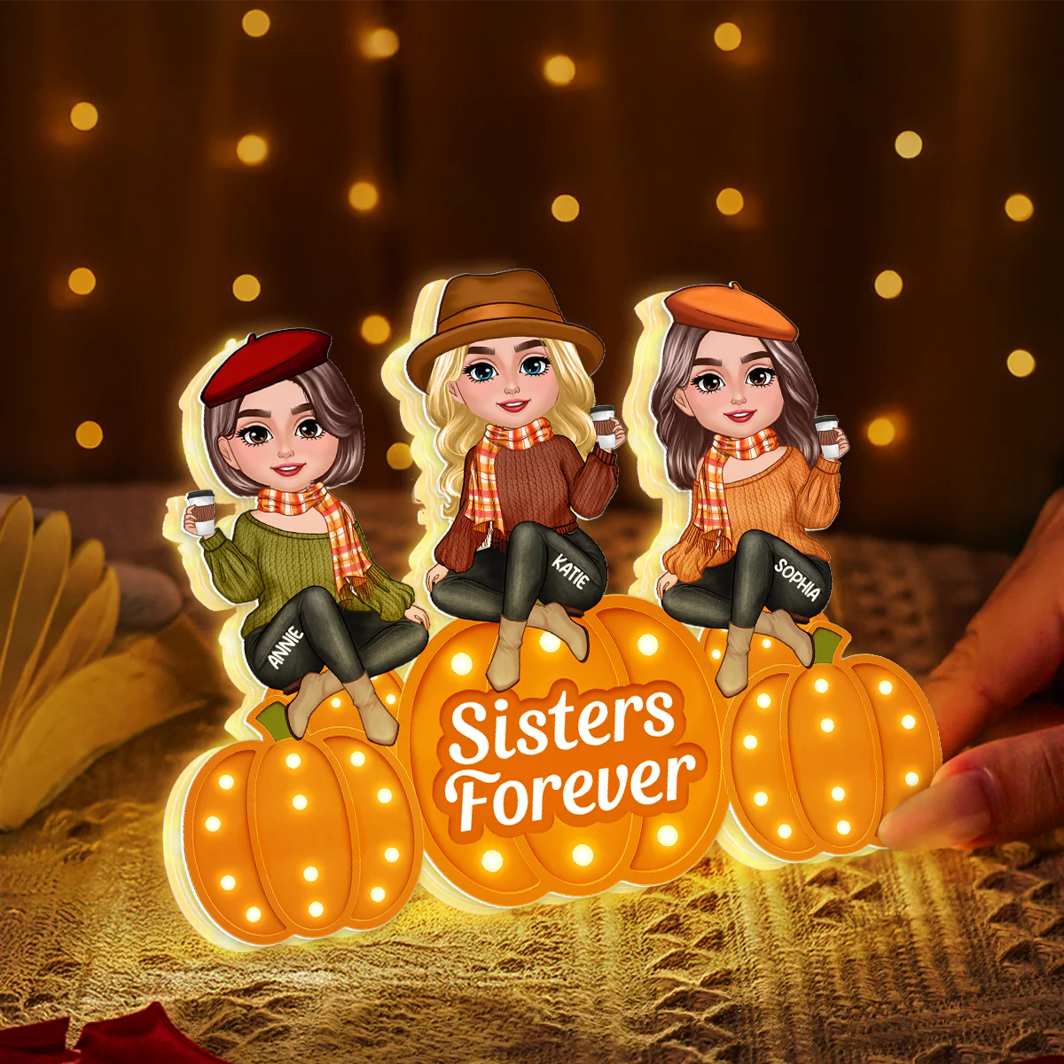 Fall Season Sisters On Marquee Pattern Texture Pumpkins Personalized LED Light Box - Image 4