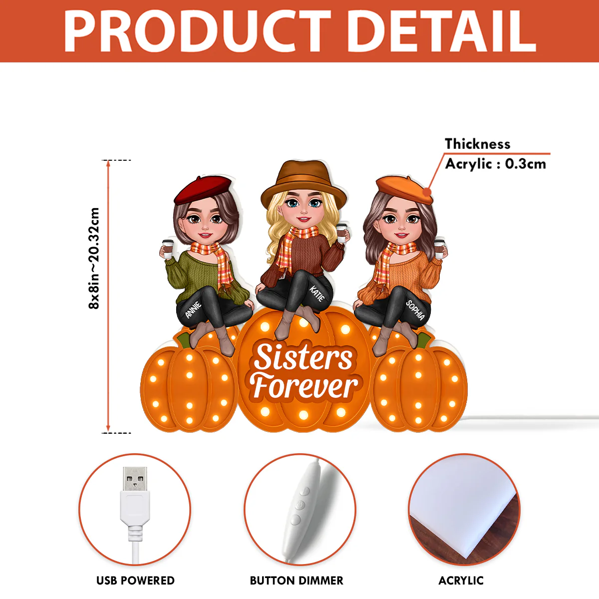 Fall Season Sisters On Marquee Pattern Texture Pumpkins Personalized LED Light Box - Image 5
