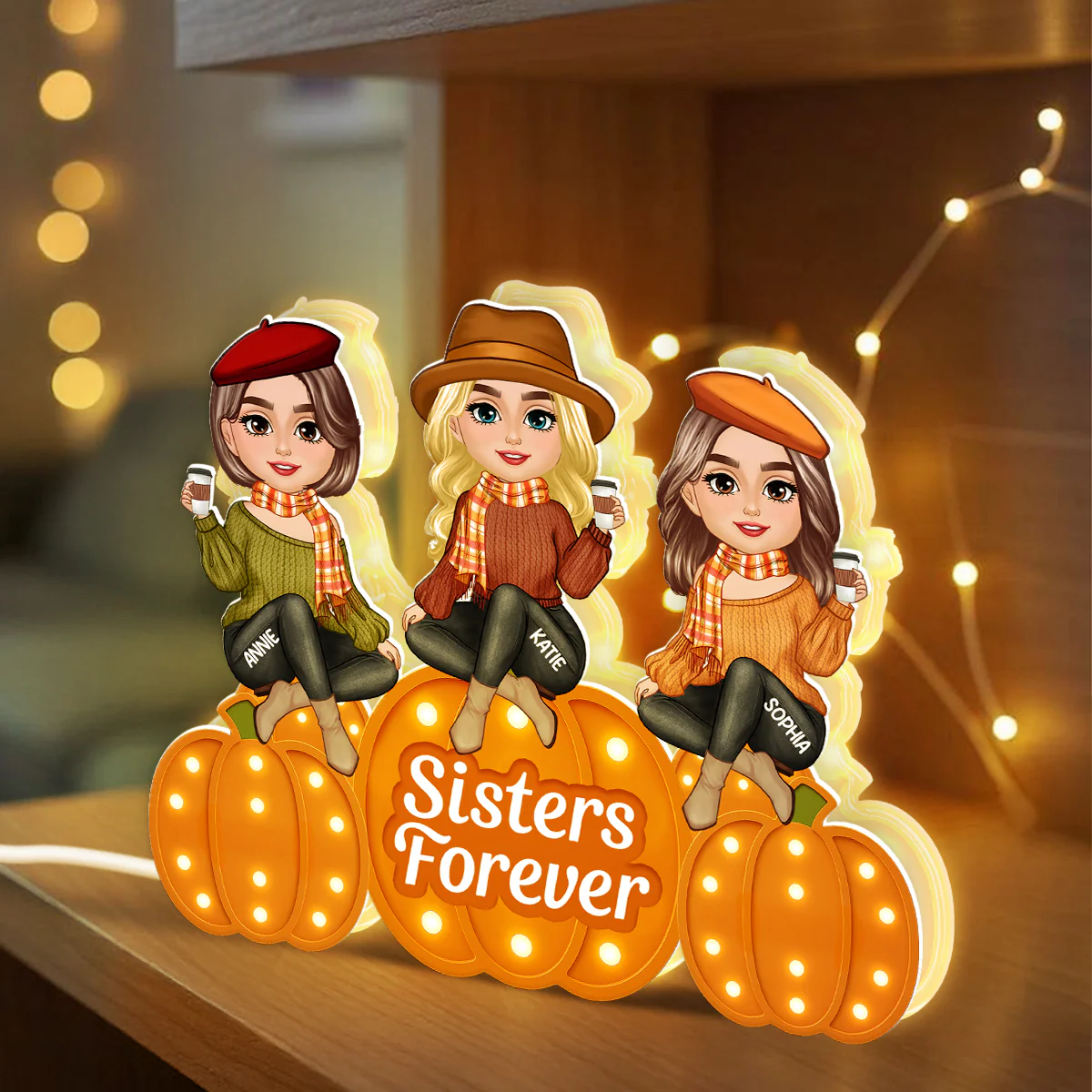 Fall Season Sisters On Marquee Pattern Texture Pumpkins Personalized LED Light Box - Image 6