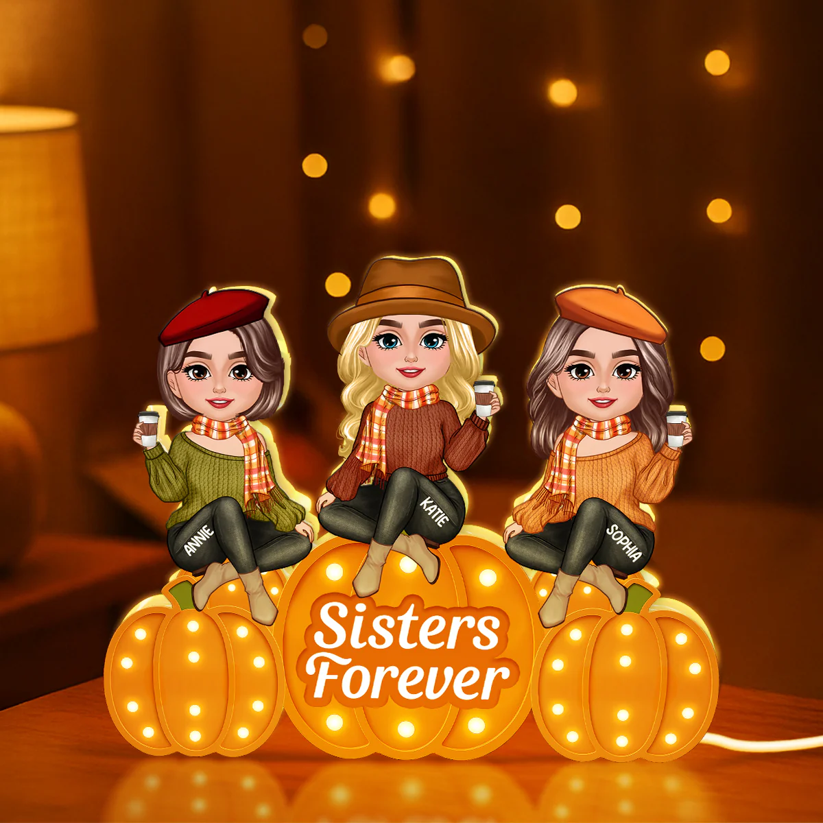 Fall Season Sisters On Marquee Pattern Texture Pumpkins Personalized LED Light Box - Image 7