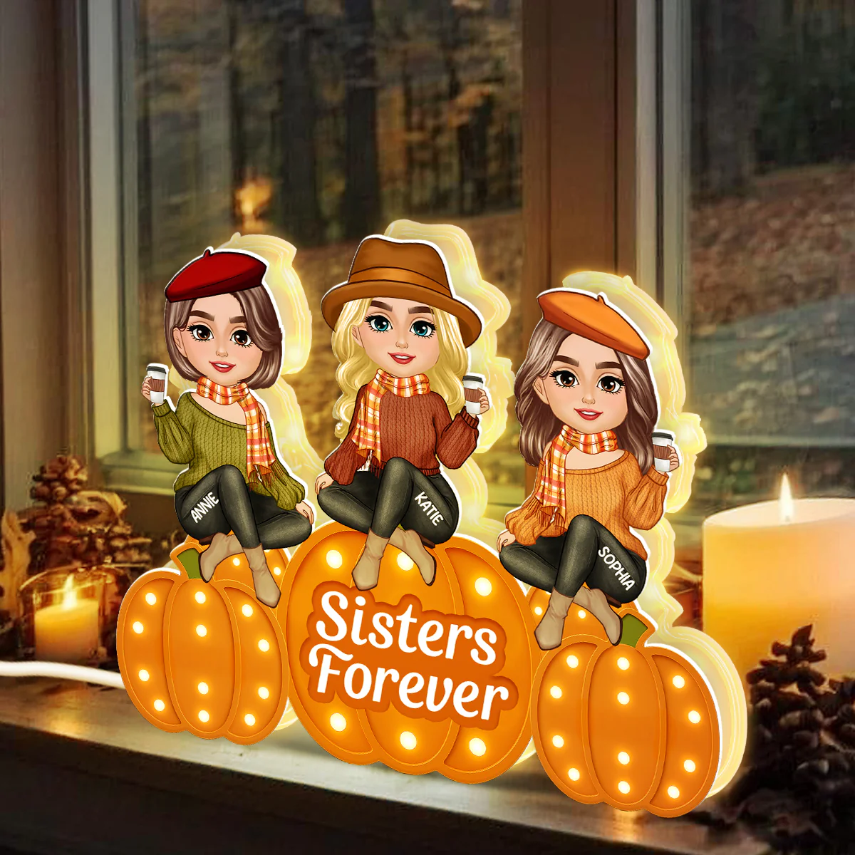 Fall Season Sisters On Marquee Pattern Texture Pumpkins Personalized LED Light Box - Image 8