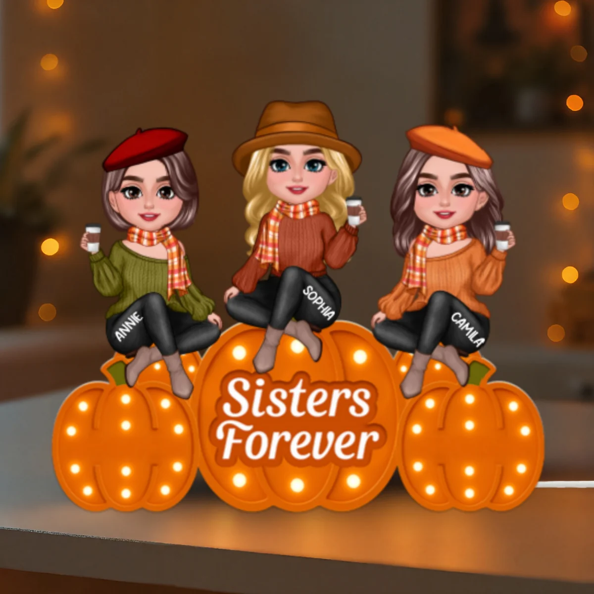 Fall Season Sisters On Marquee Pattern Texture Pumpkins Personalized LED Light Box - Image 9