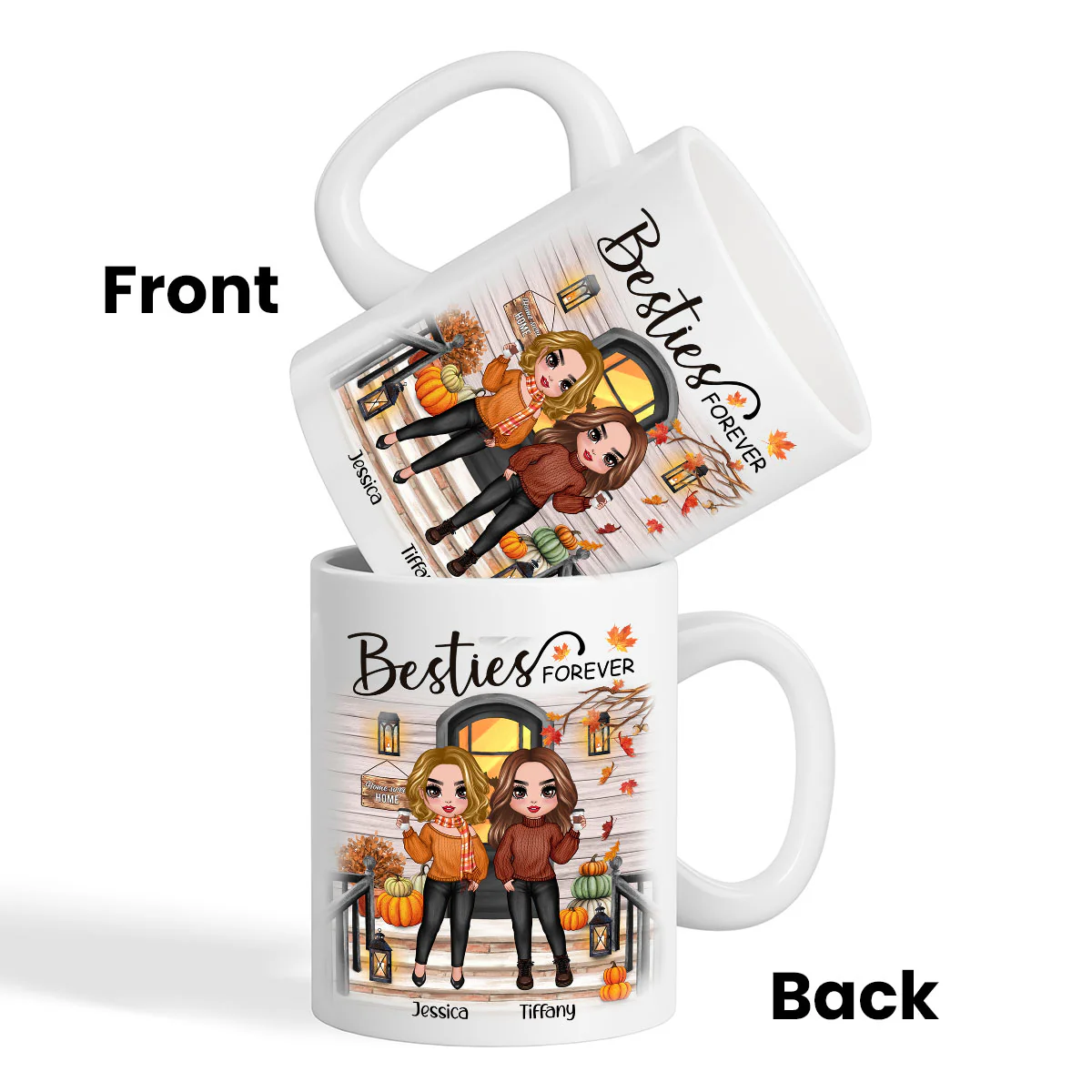 Fall Season Standing Best Friends Sisters Front Porch Personalized Mug - Image 4