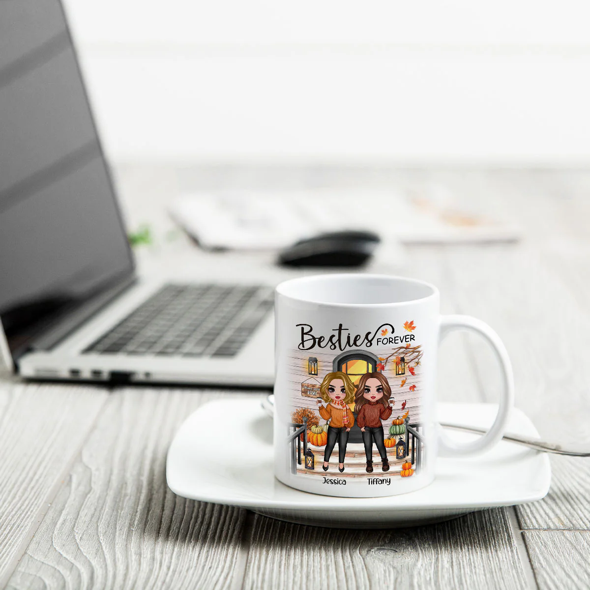 Fall Season Standing Best Friends Sisters Front Porch Personalized Mug - Image 5