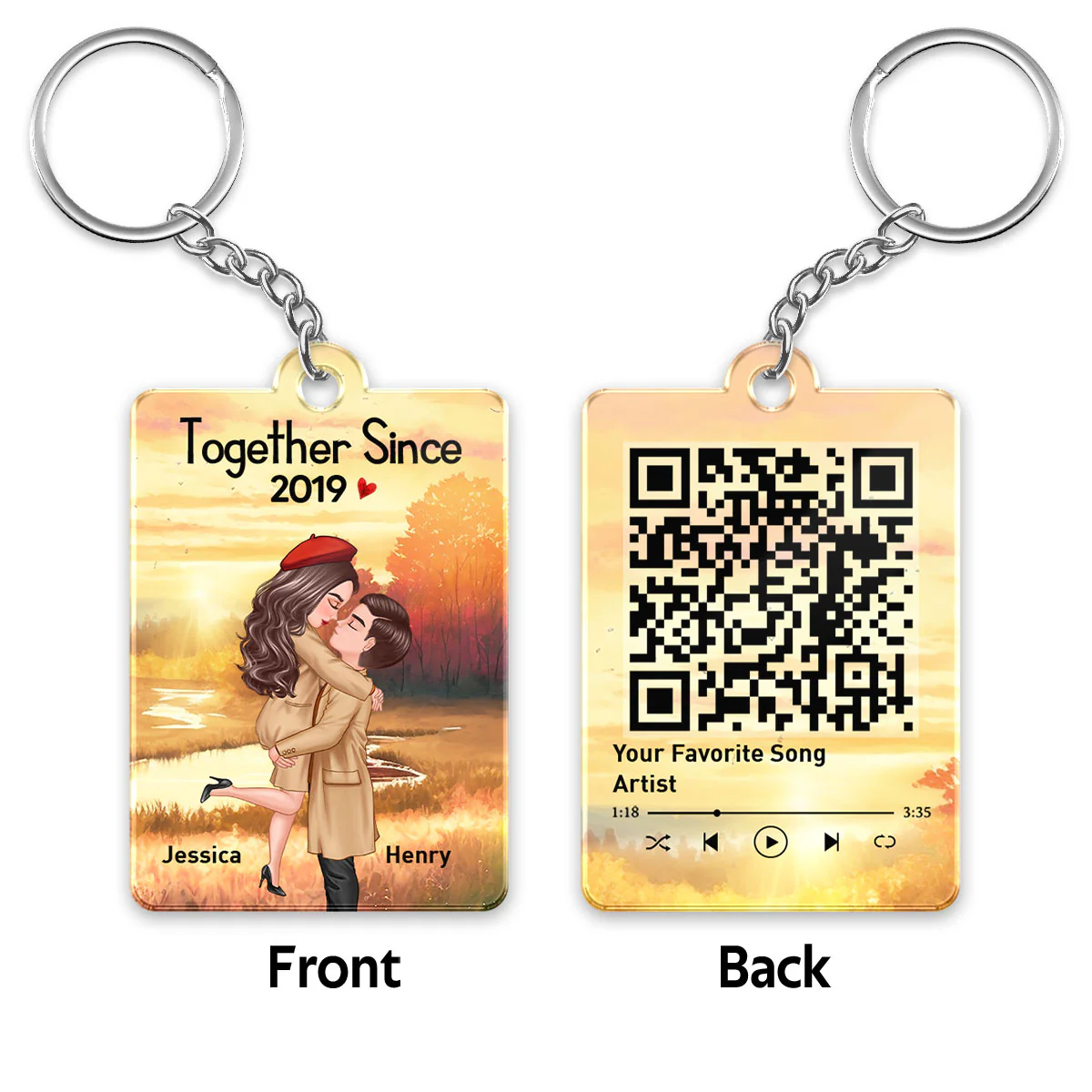 Fall Season Theme Couple Hugging Kissing Favorite Song QR Code Personalized Acrylic Keychain
