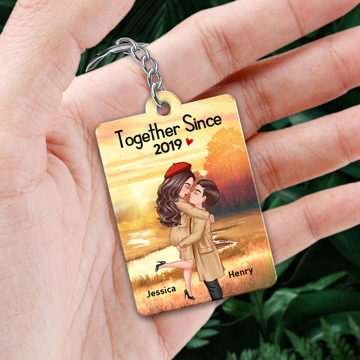 Fall Season Theme Couple Hugging Kissing Favorite Song QR Code Personalized Acrylic Keychain - Image 2