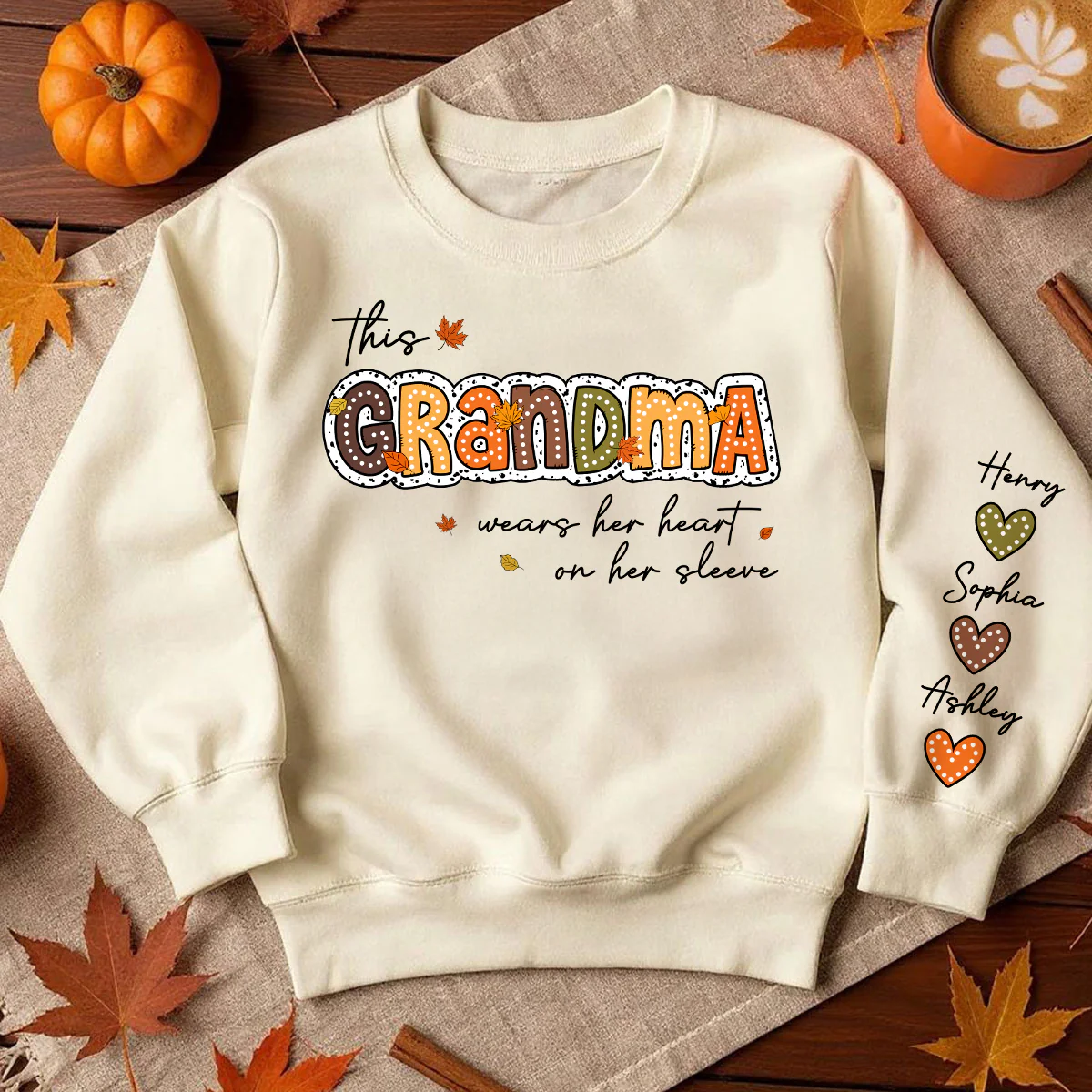 Fall Season This Grandma Wears Her Heart on Her Sleeve - Personalized Sweatshirt - Image 3