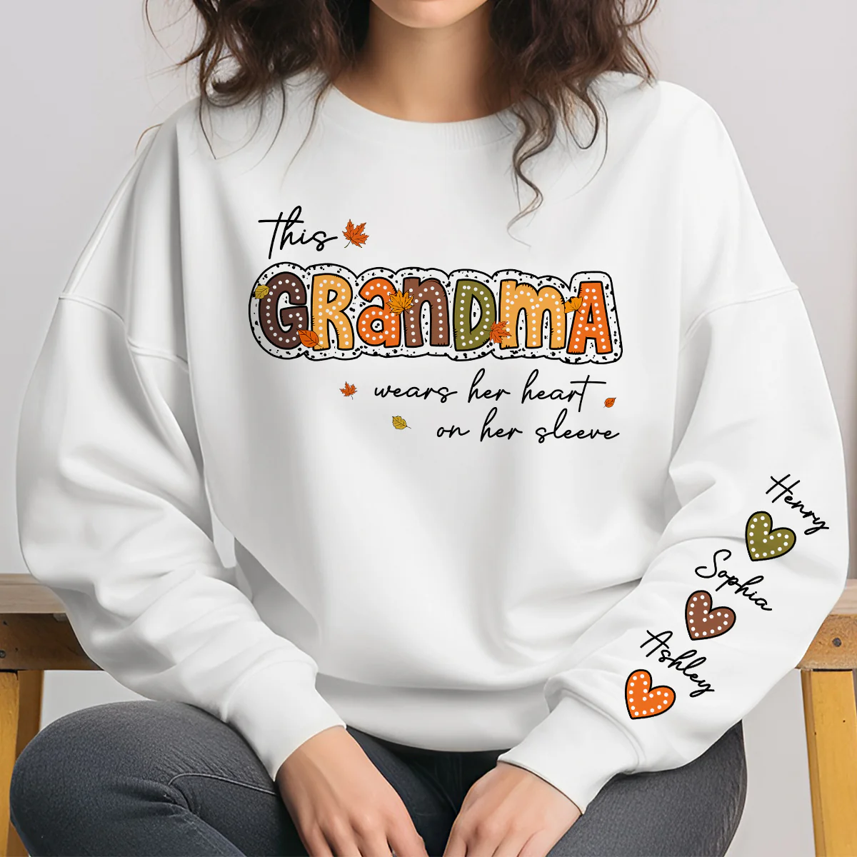 Fall Season This Grandma Wears Her Heart on Her Sleeve - Personalized Sweatshirt - Image 6