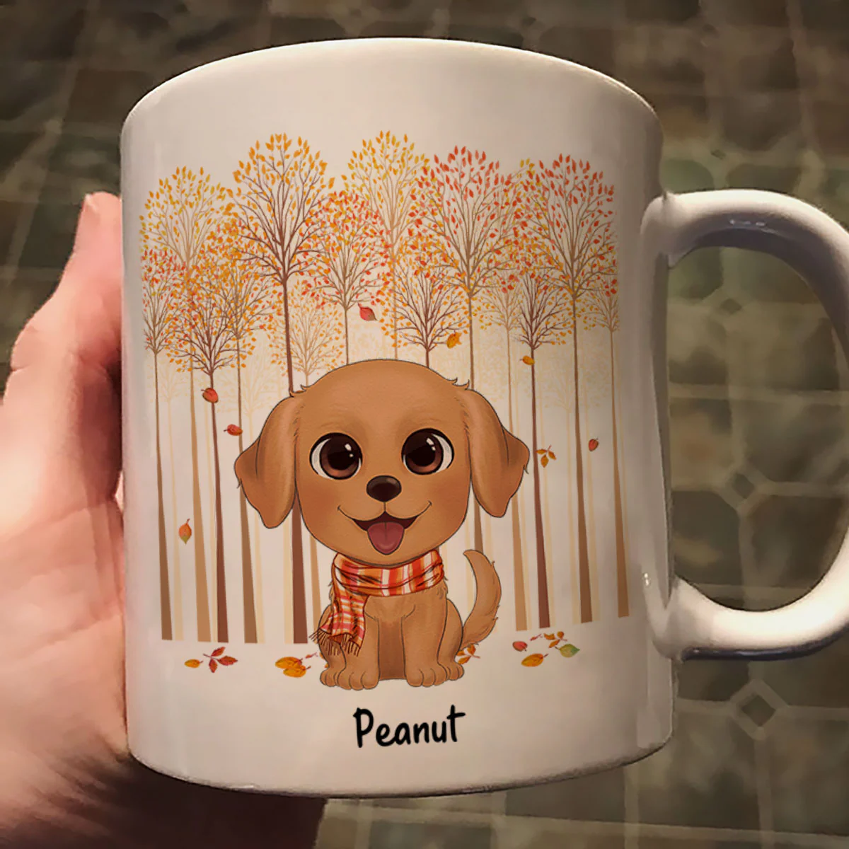 Fall Season Tree Line Watercolor Cute Dogs Personalized Mug - Image 2