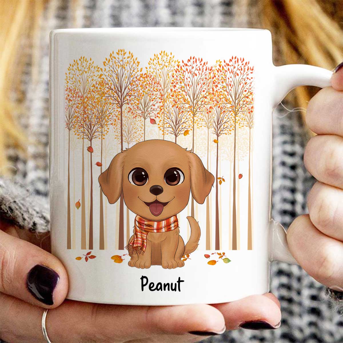 Fall Season Tree Line Watercolor Cute Dogs Personalized Mug - Image 3