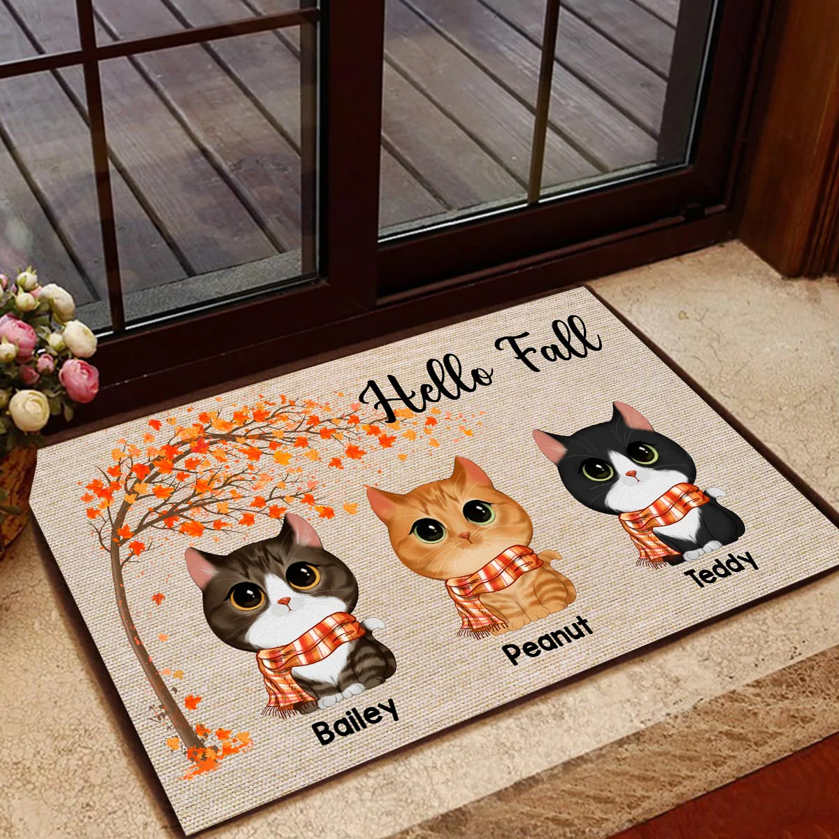 Fall Season Watercolor Cute Cats Under Tree Personalized Doormat - Image 2