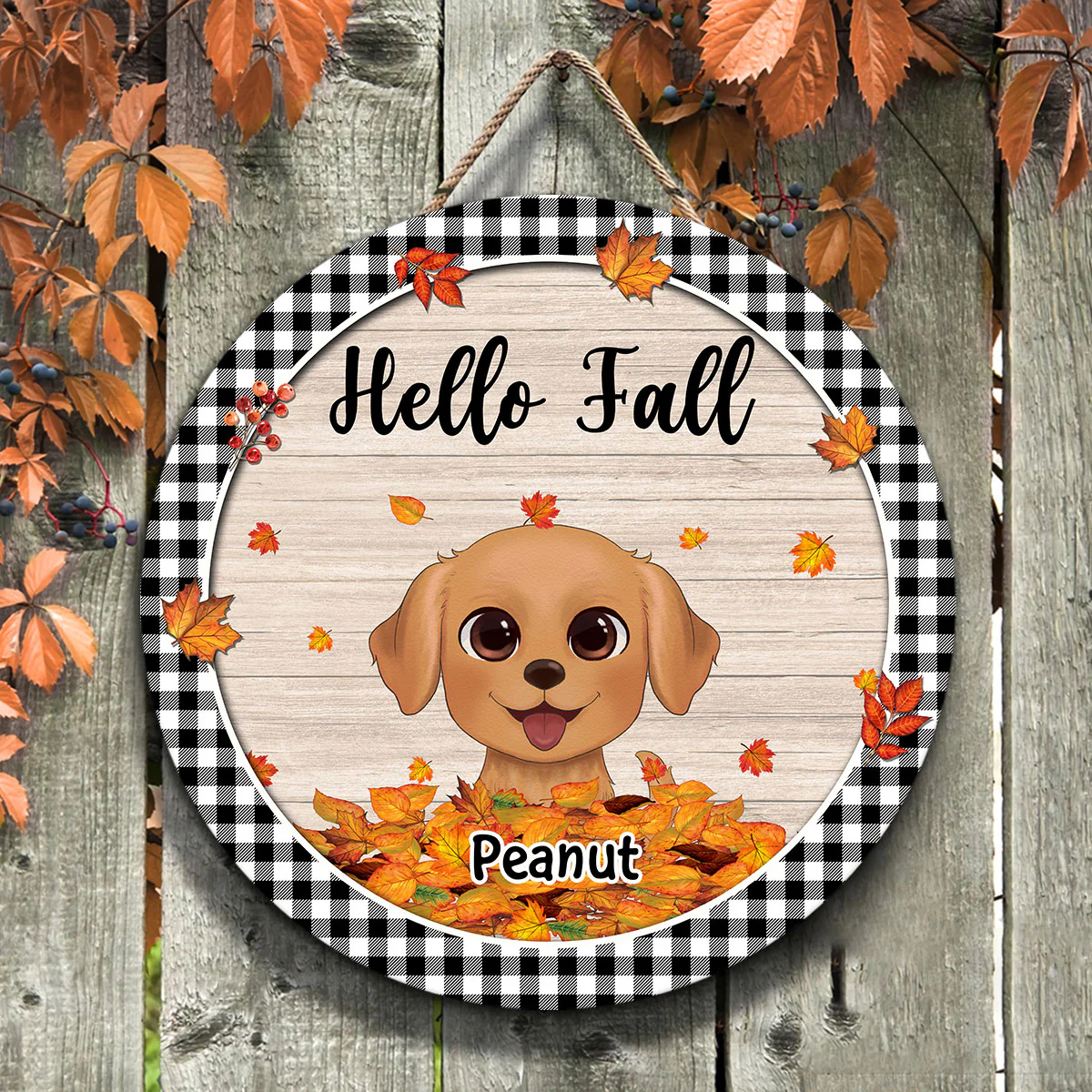Fall Season Watercolor Cute Dogs Playing With Autumn Leaves Pile Personalized Door Hanger Sign