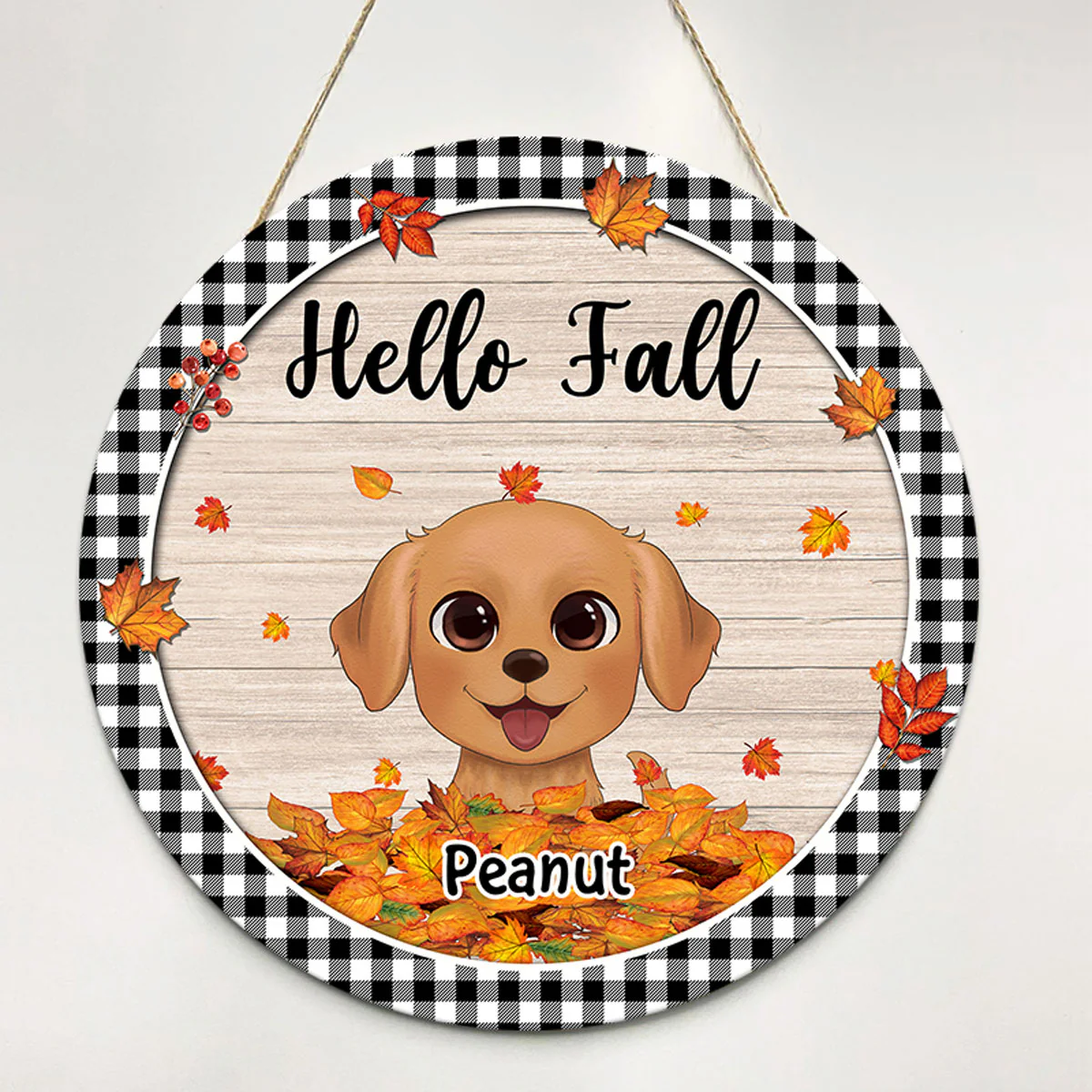 Fall Season Watercolor Cute Dogs Playing With Autumn Leaves Pile Personalized Door Hanger Sign - Image 2