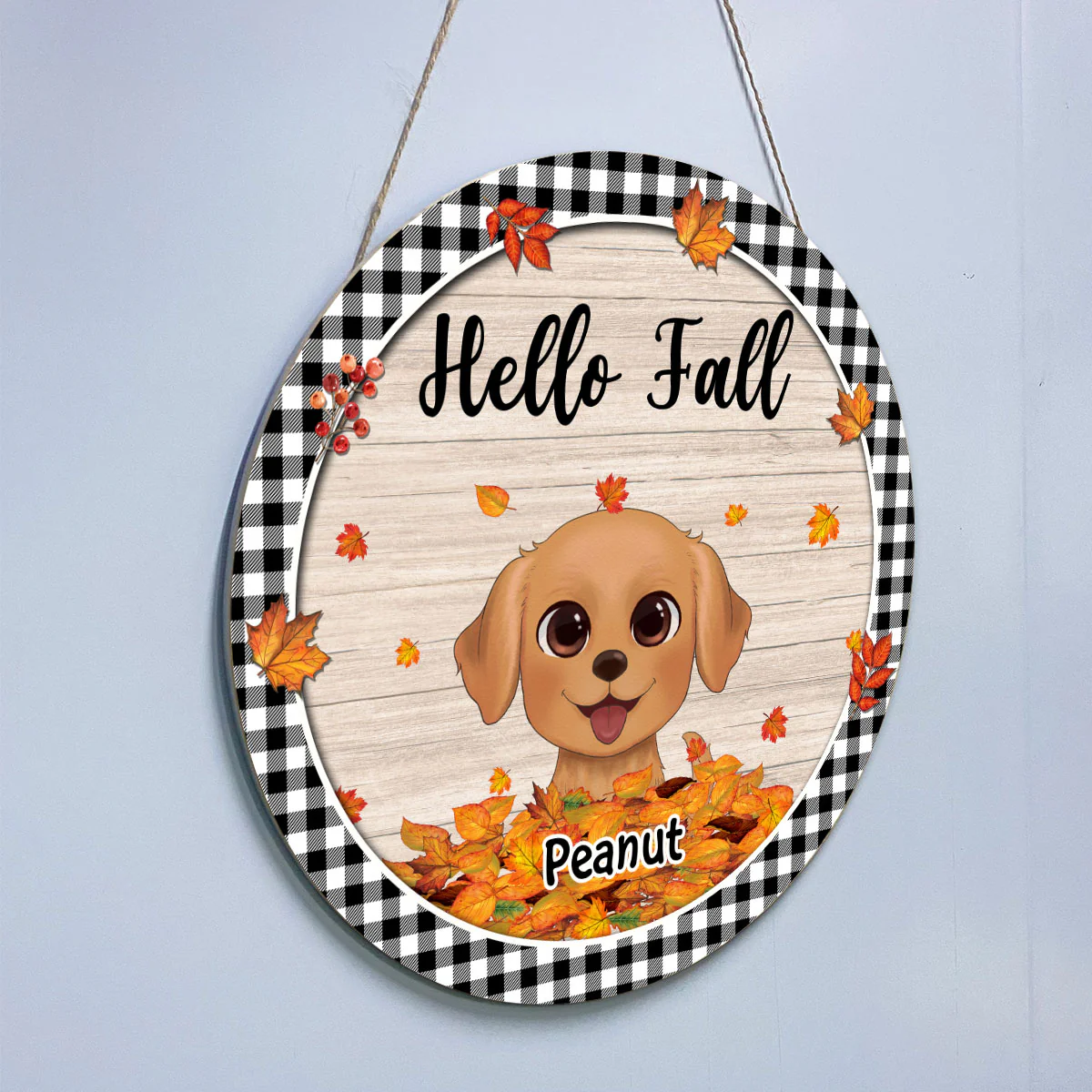 Fall Season Watercolor Cute Dogs Playing With Autumn Leaves Pile Personalized Door Hanger Sign - Image 3