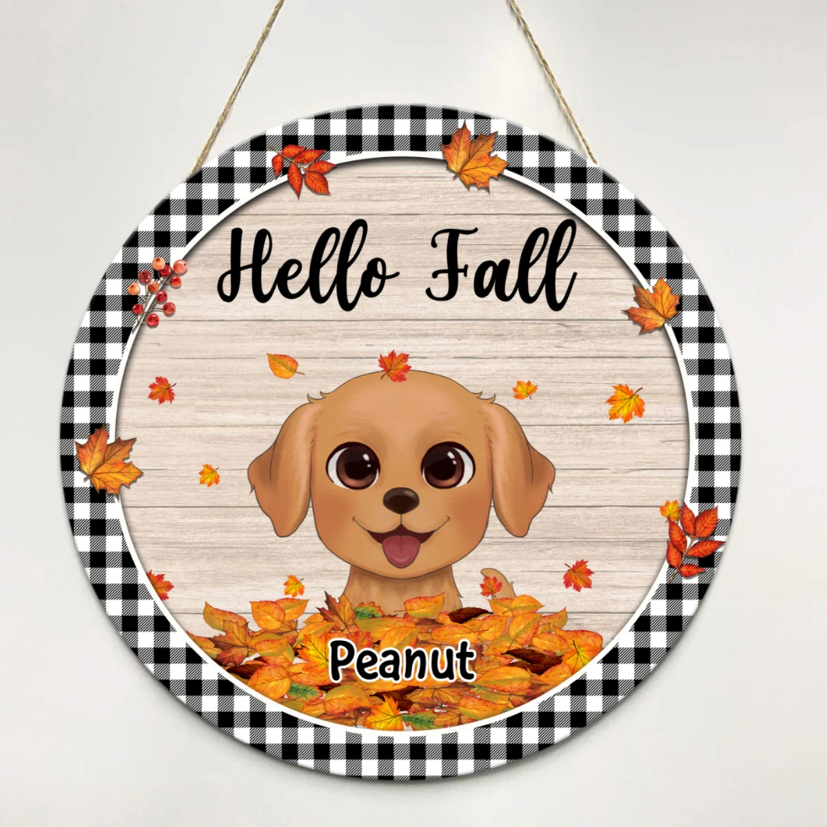 Fall Season Watercolor Cute Dogs Playing With Autumn Leaves Pile Personalized Door Hanger Sign - Image 4
