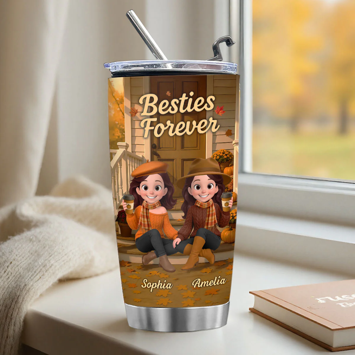 Fall Vibe Besties Sitting On Cozy Theme Front Porch Personalized Tumbler - Image 10