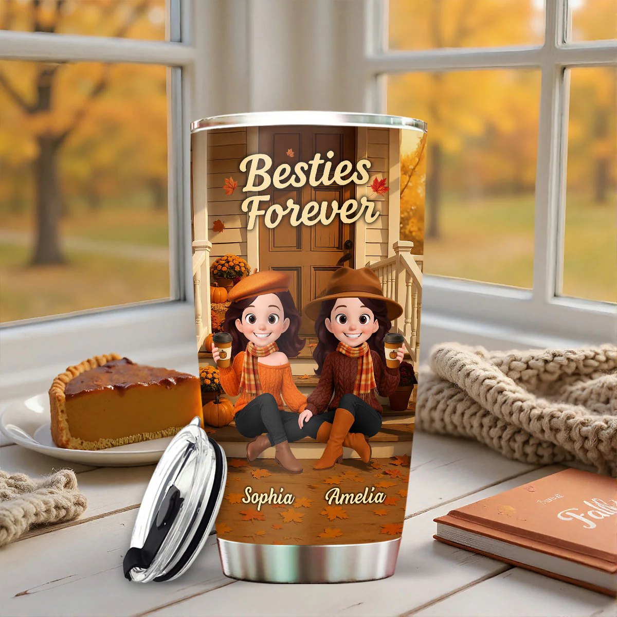 Fall Vibe Besties Sitting On Cozy Theme Front Porch Personalized Tumbler - Image 11