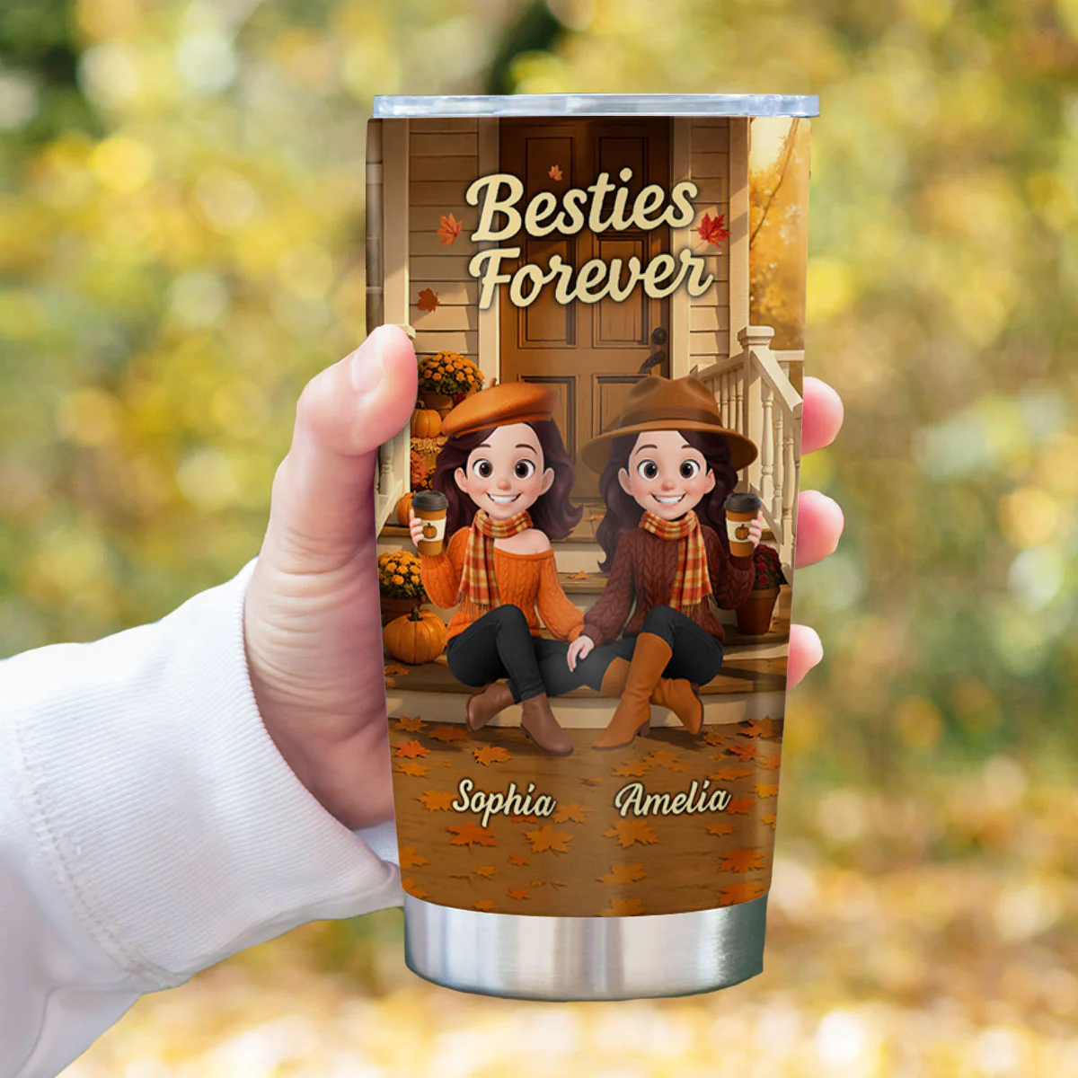 Fall Vibe Besties Sitting On Cozy Theme Front Porch Personalized Tumbler - Image 5