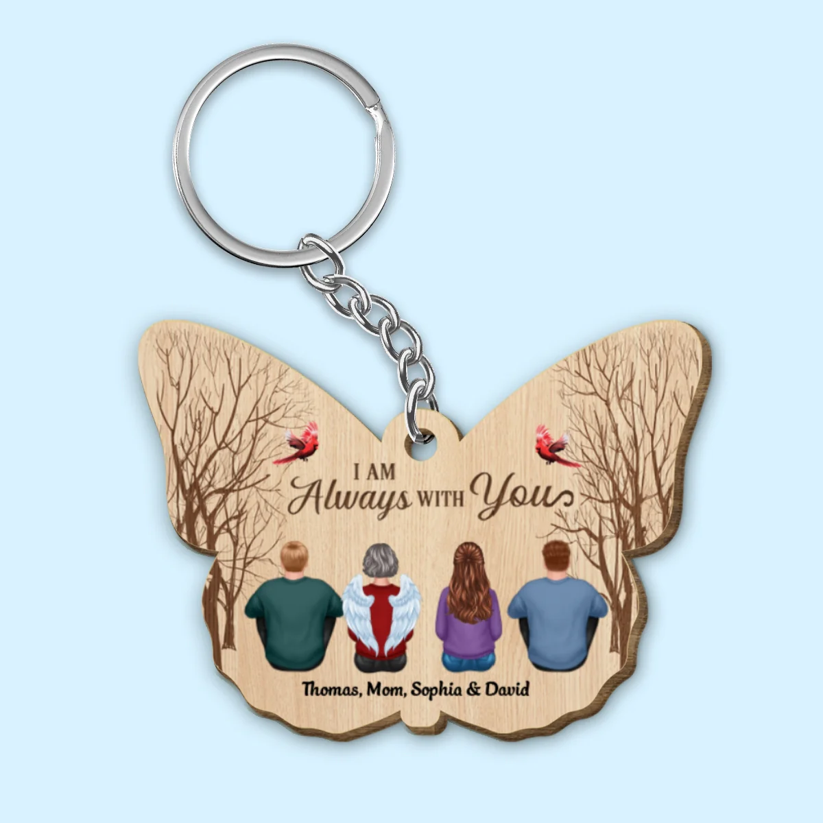 Family Always With You Memorial Remembrance Keepsake Personalized Butterfly Wooden Keychain - Image 4