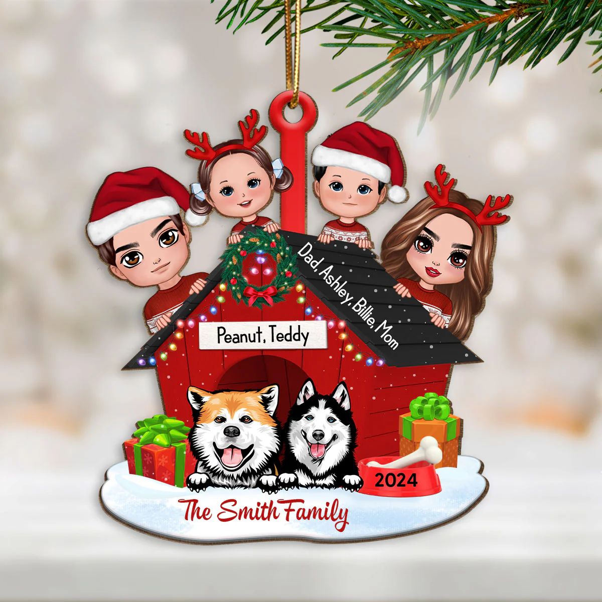 Family And Dogs Christmas - Personalized Wooden Ornament - Image 10