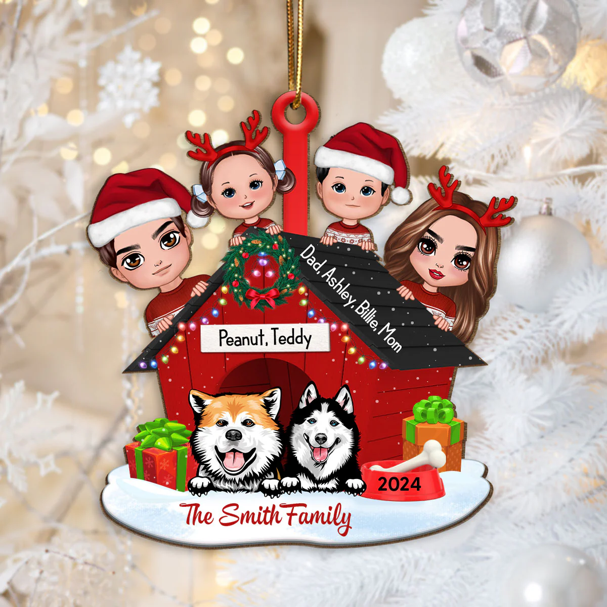 Family And Dogs Christmas - Personalized Wooden Ornament - Image 3
