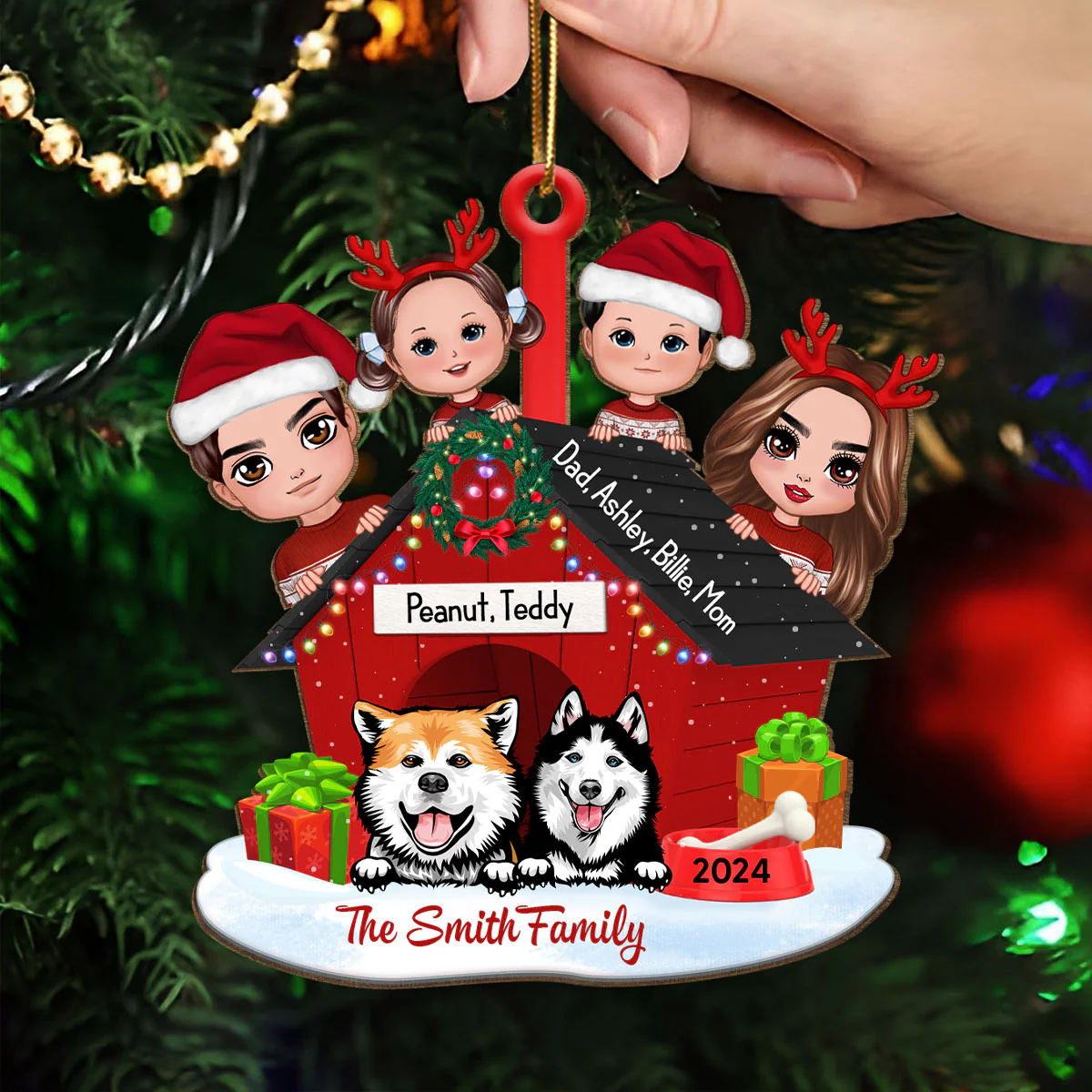 Family And Dogs Christmas - Personalized Wooden Ornament - Image 4