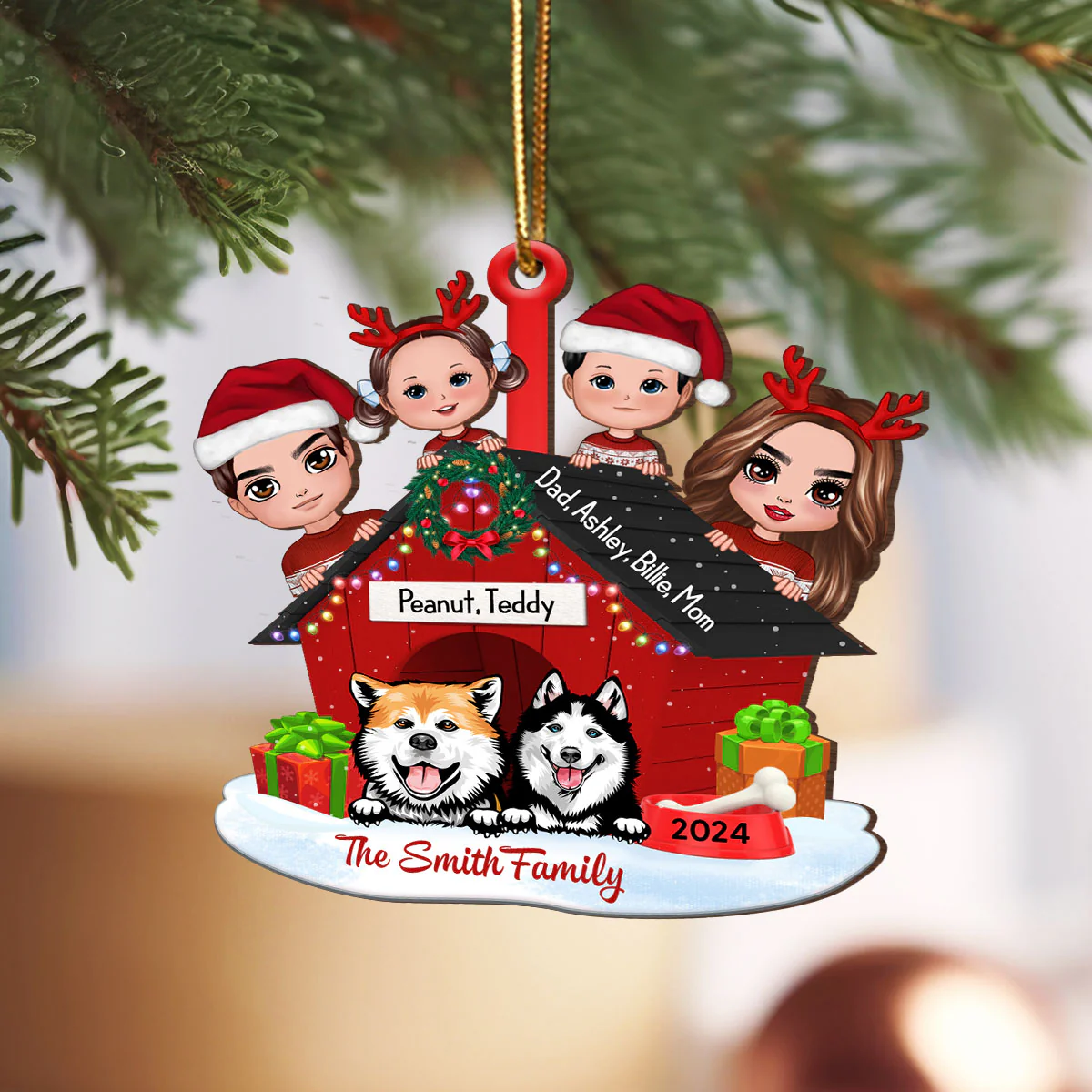 Family And Dogs Christmas - Personalized Wooden Ornament - Image 5