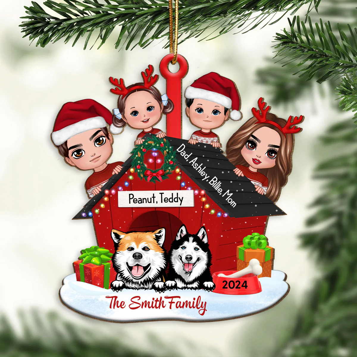 Family And Dogs Christmas - Personalized Wooden Ornament - Image 6