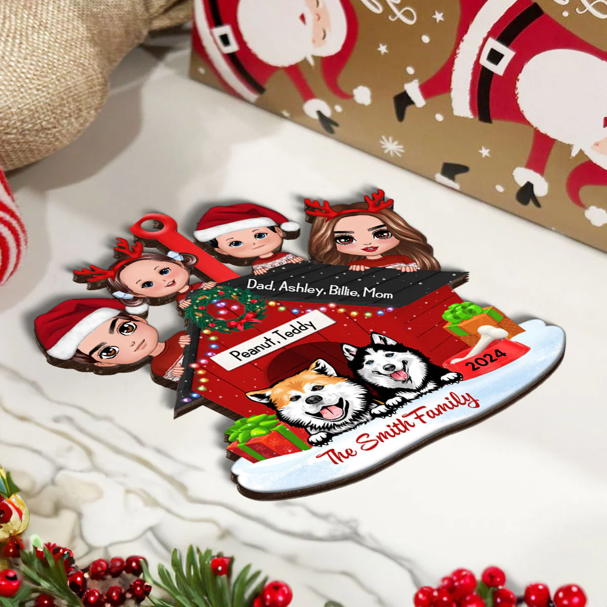Family And Dogs Christmas - Personalized Wooden Ornament - Image 7